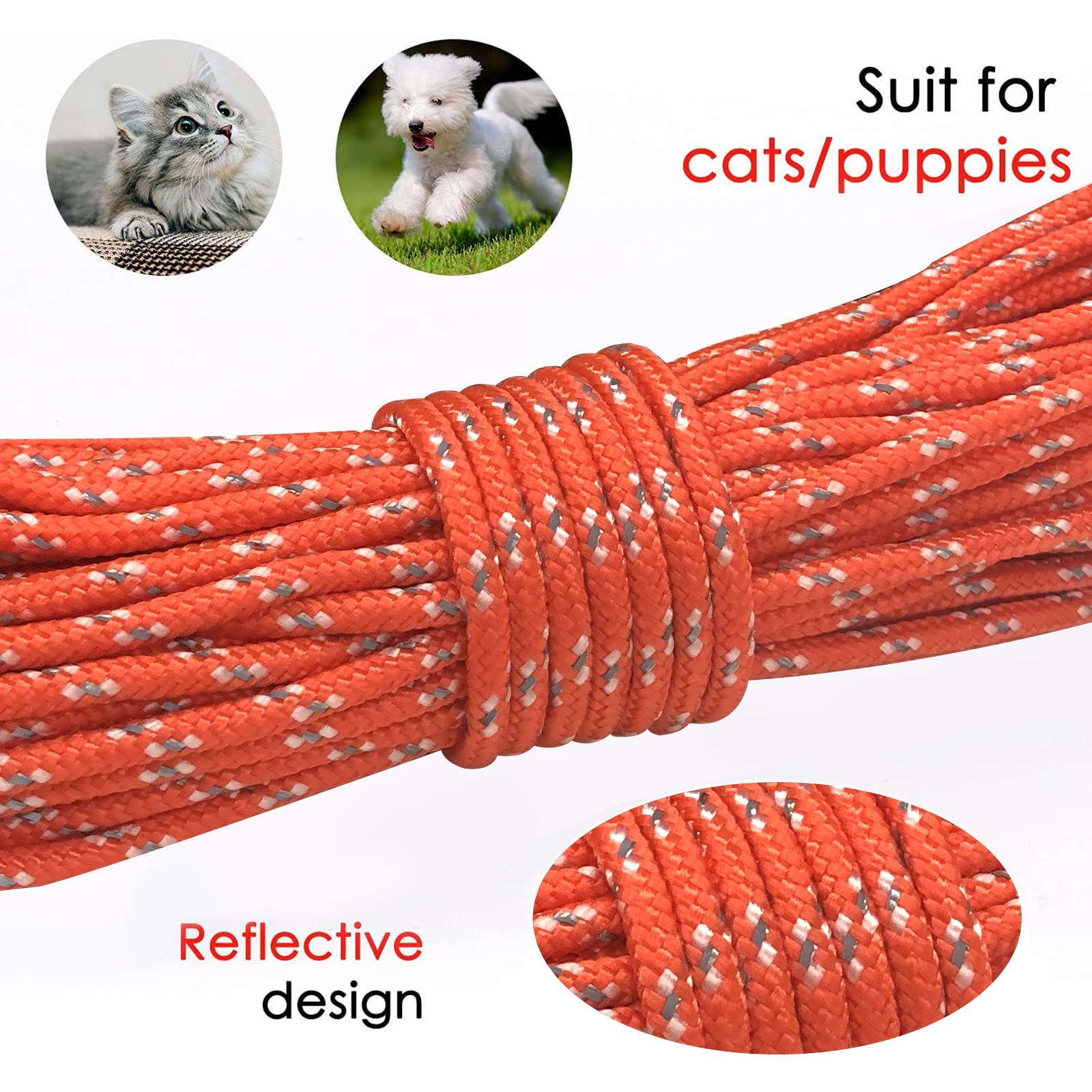 Rypet Reflective Cat Long Leash - 50 Ft Escape Proof Walking Leads Yard Long Leash Durable Safe Personalized Extender Leashes Tr