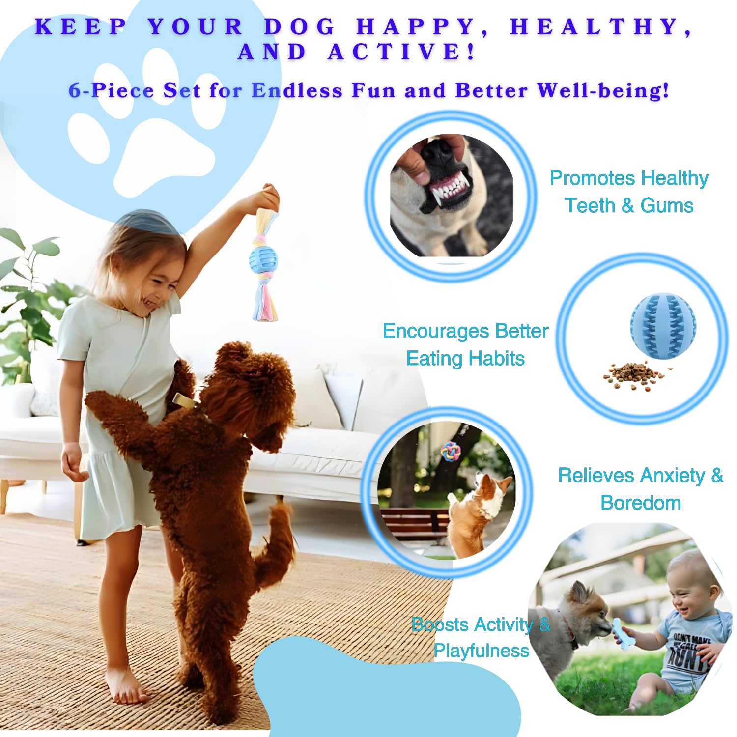 Bambinom Chew Toys For Small Dogs - 6 Pack Teething Set, Soft Rubber, Eco-Friendly, Teeth Cleaning, Interactive Blue Dog Toys