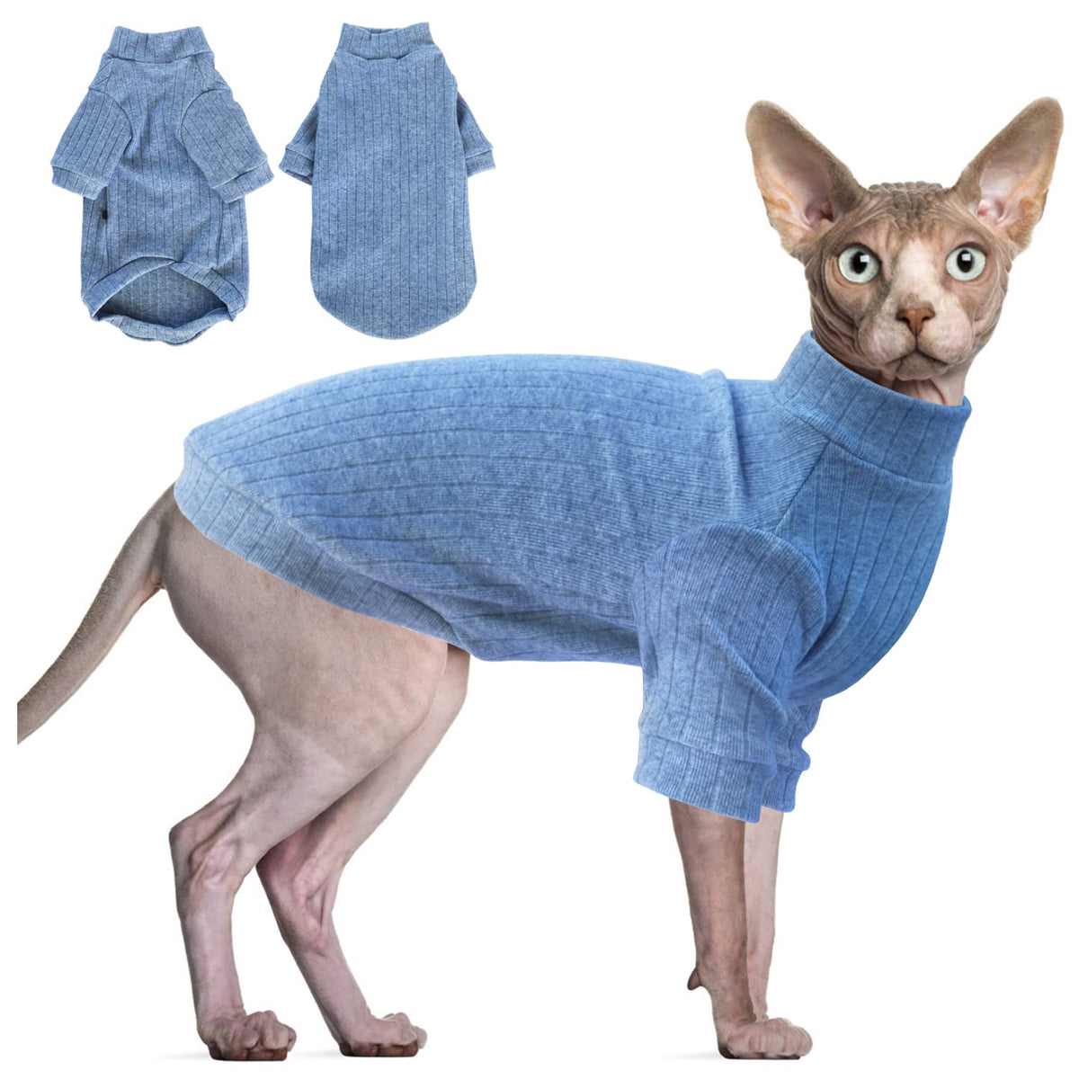 Idepet Sphynx Hairless Cats Sweater Shirt Kitten Soft Puppy Clothes Pullover Cute Cat Pajamas Jumpsuit Skin-Friendly Cotton Apparel Pet Winter Turtleneck For Cats And Small Dogs(Xx-Large, Blue)