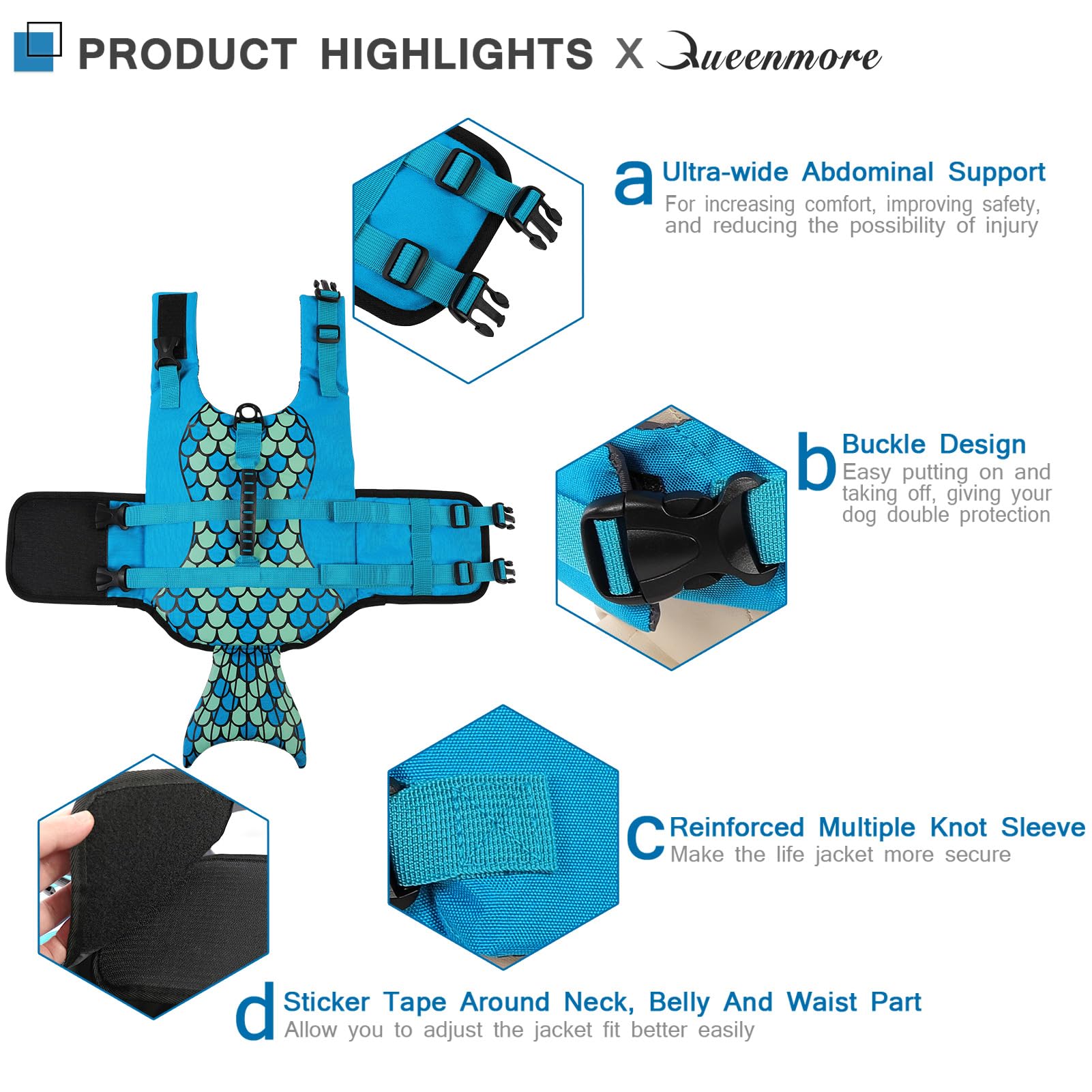 Queenmore Mermaid Dog Life Jacket, Dog Life Vest For Swimming, Dog Floating Vest, Lightweight Dog Swimming Vest, High Buoyant Do