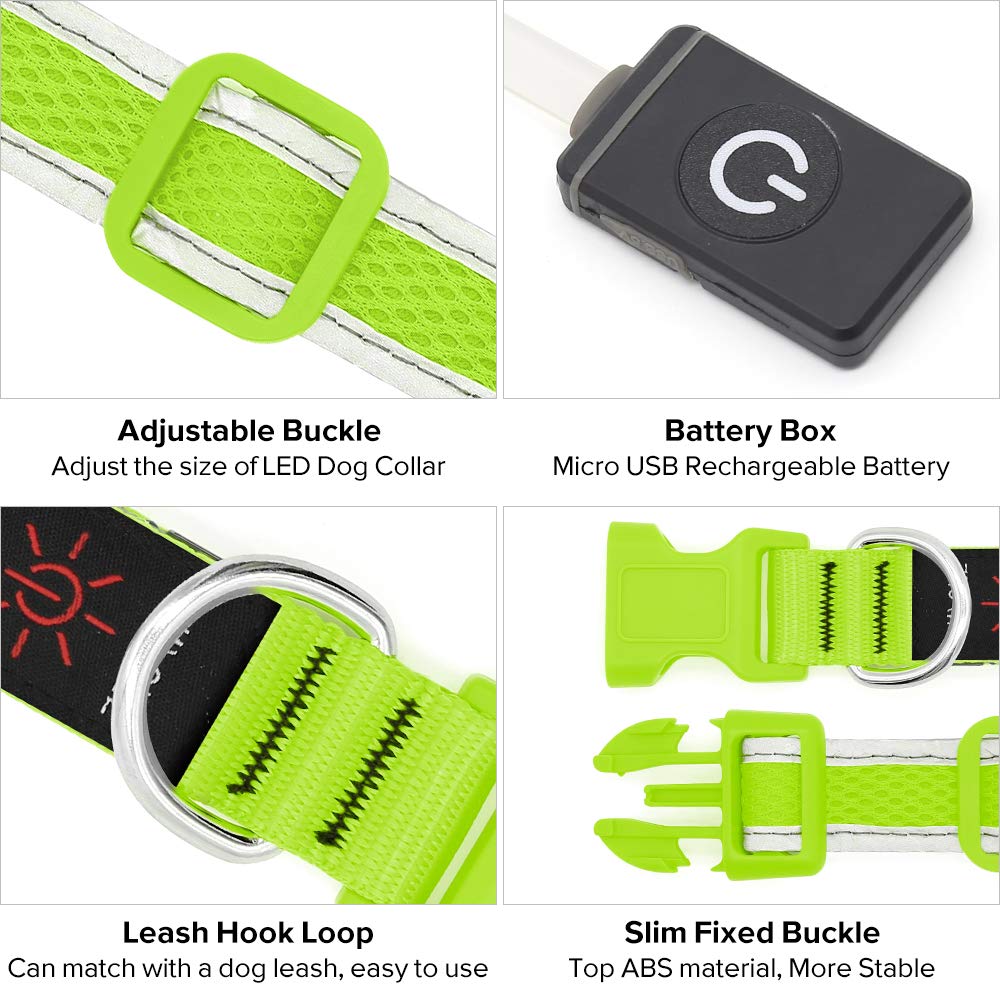Flashseen Led Dog Collar,Usb Rechargeable Light Up Dog Collar Lights,Adjustable Comfortable Soft Mesh Safety Dog Collar For Small, Medium, Large Dogs(Small, Neon Green)