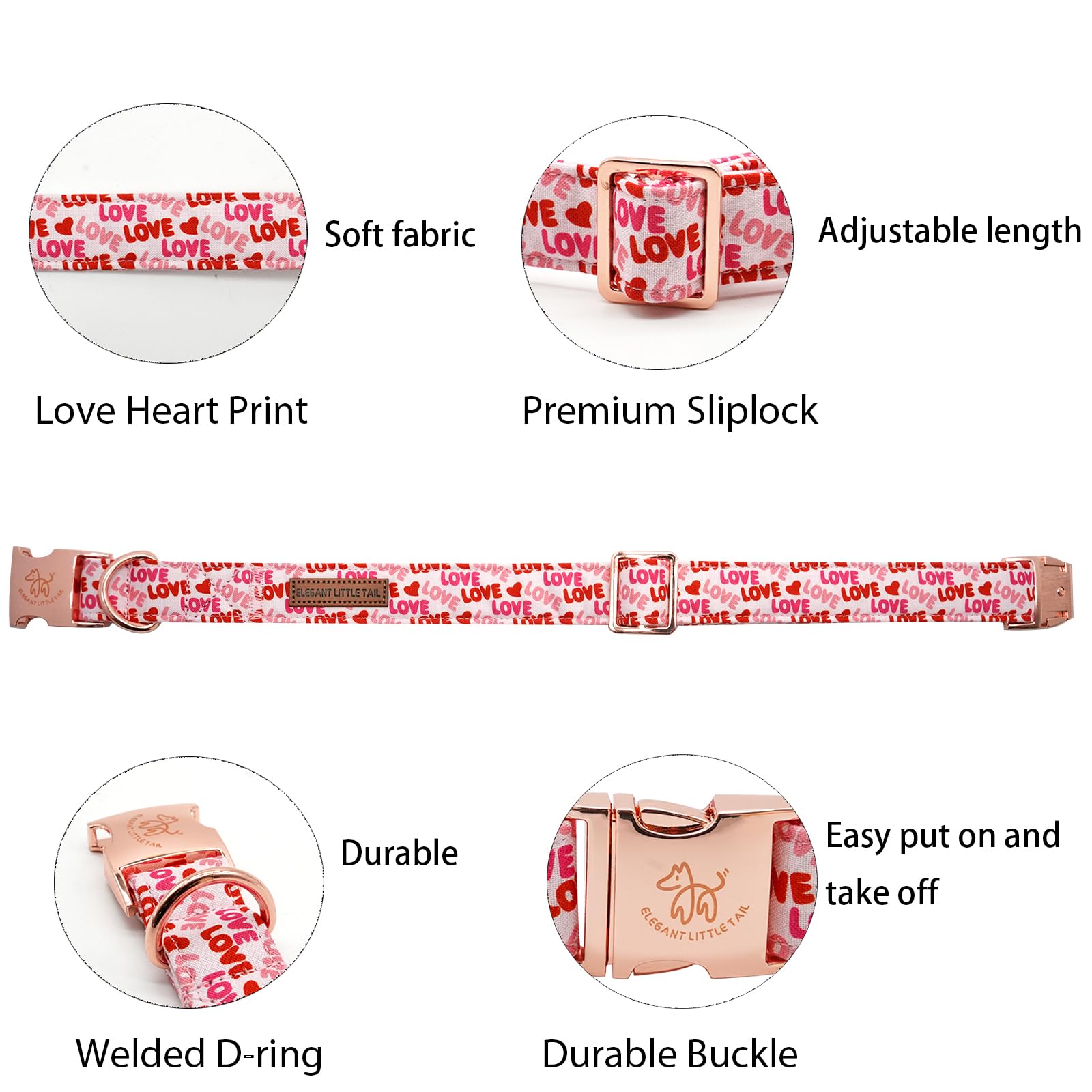 Elegant Little Tail Valentine's Day Collar - Pink Heart Cute Dog Collar, Adjustable for X-Small Dogs