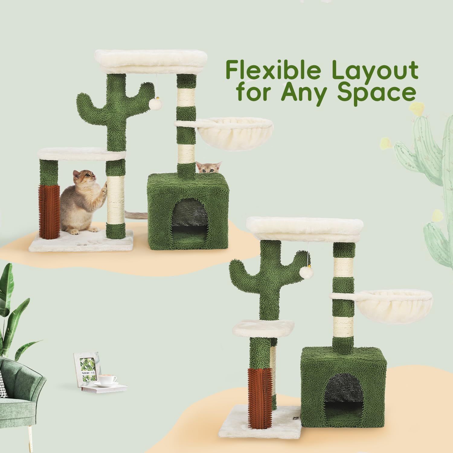 Hoopet 32-Inch Cactus Cat Tree - Multi-Level Cat Tower With Sisal Scratching Posts, Cozy Condo, Plush Perch, And Interactive Han