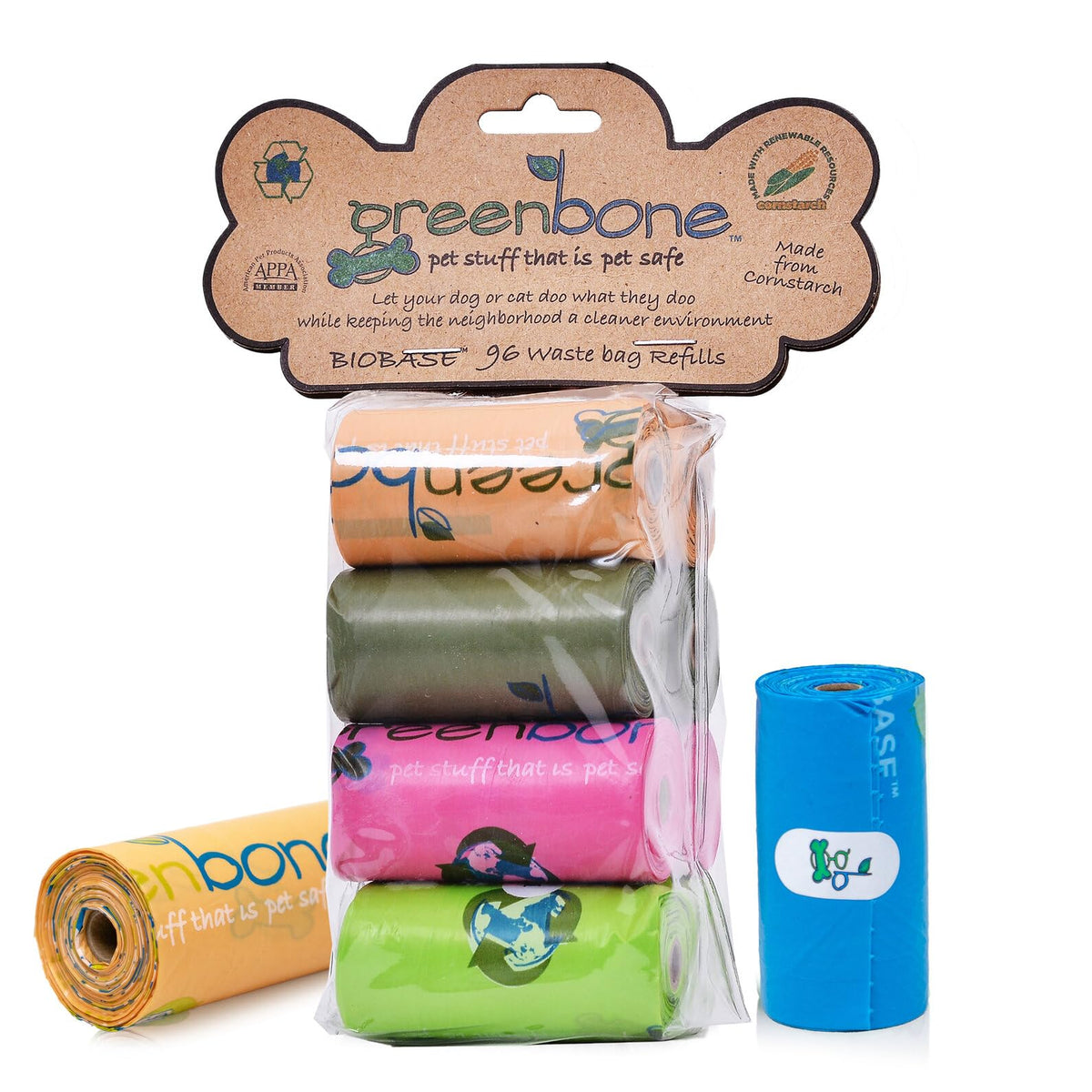 Greenbone Biobase Pet Poop Bags - 8 Rolls, 96 Bags - 13 Inch X 9 Inch