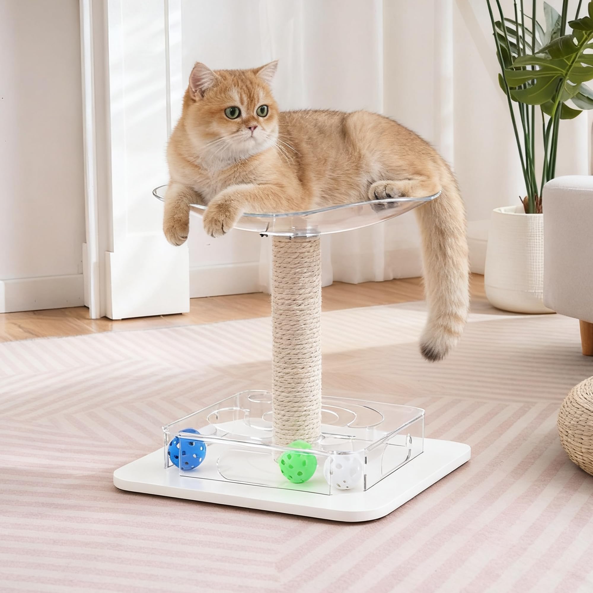 Kicari Modern 3-in-1 Interactive Cat Toy with Puzzle Box, Cat Bed/Perch & Scratching Posts, Colorful Jingle Balls, Dangling Acce