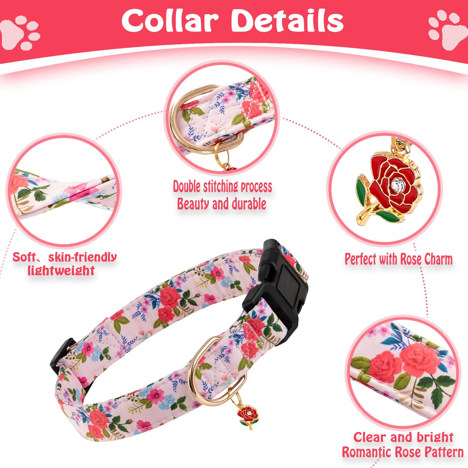 Prehai Cute Rose Dog Collar For Small Medium Large Dogs Special Design Cute Pink Rose Dog Collar For Girl Female Dogs Soft Adjus