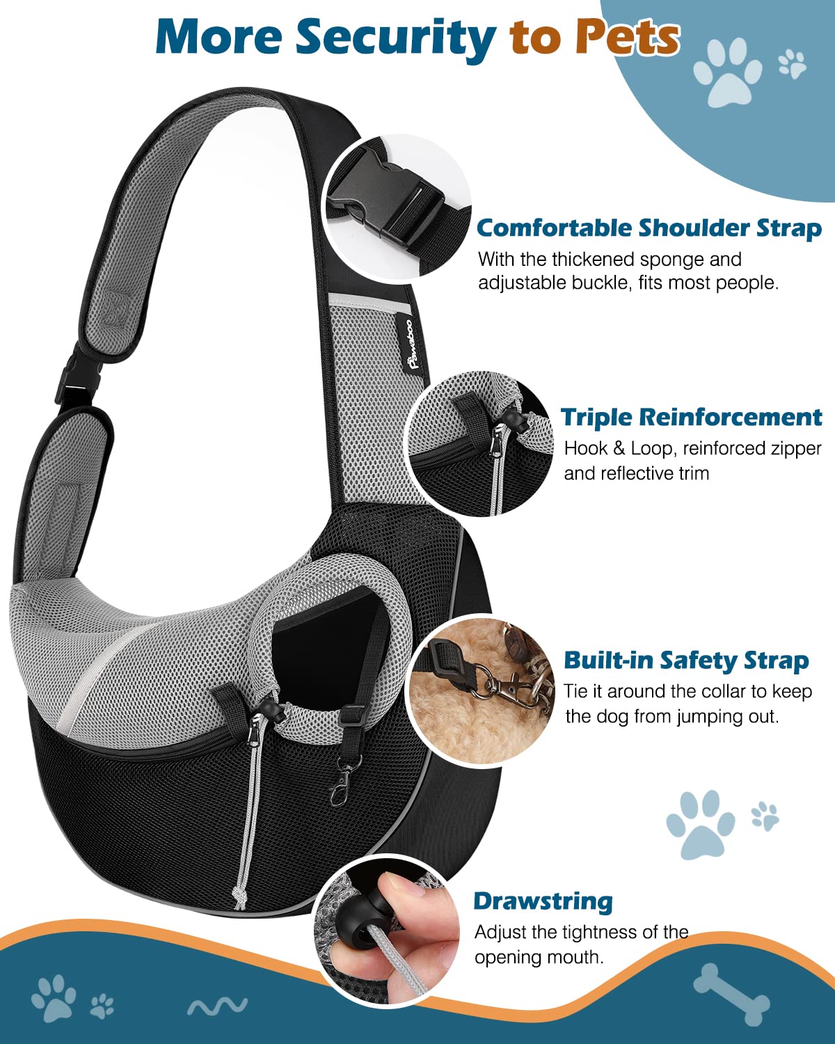 Pawaboo Dog Sling Carrier - Large Black Papoose with Adjustable Strap & Zipper Pocket, Breathable Mesh, Model CSDCDSV