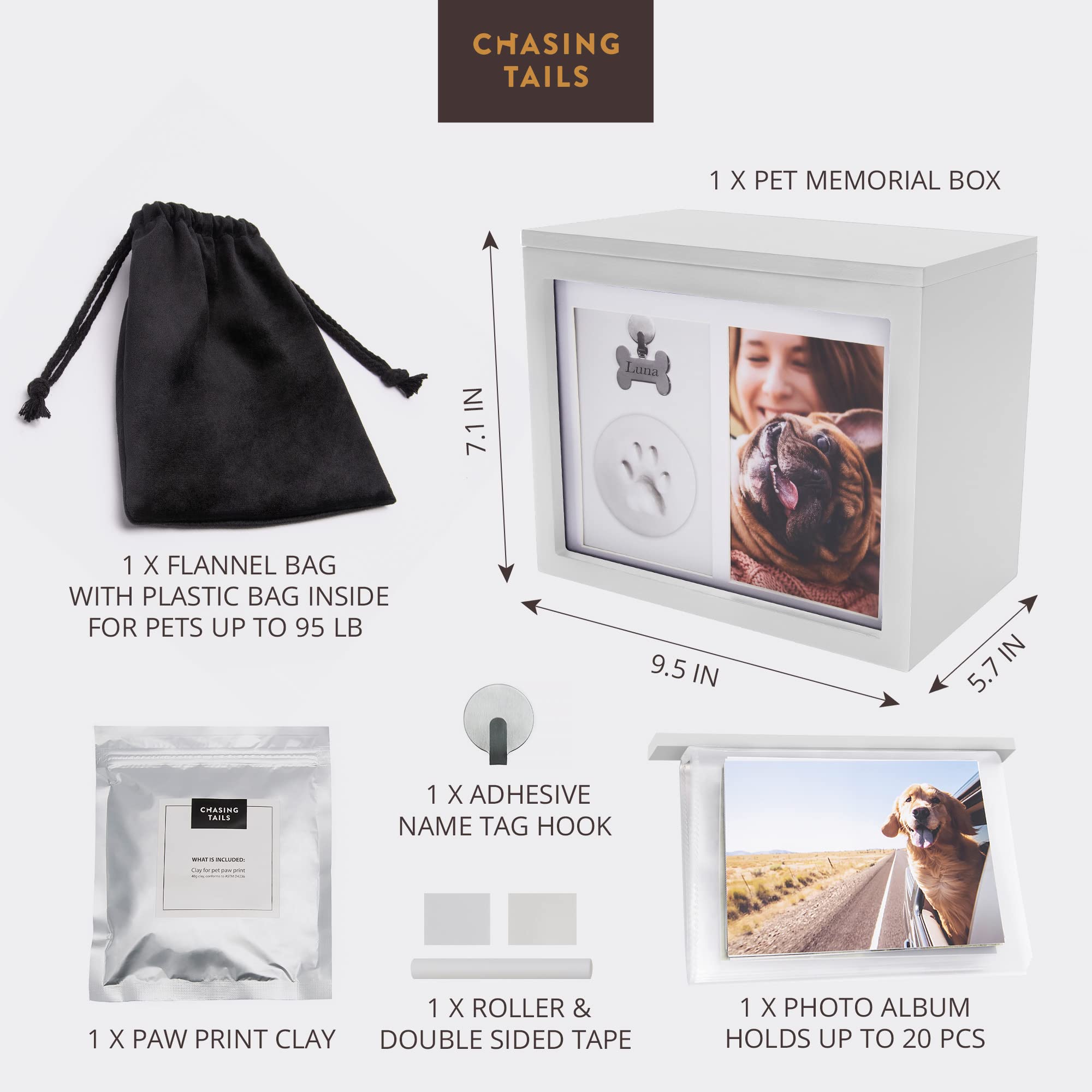 Chasing Tails Premium White Pet Urn - Large Memorial Dog Ashes, 9.49"x7.8"x5.7", Includes Paw Print & Photo Album