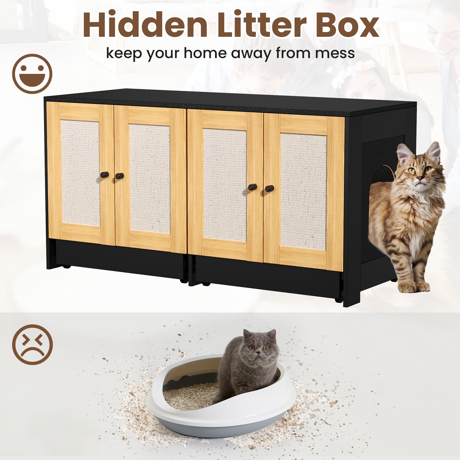 Yafylly Litter Box Enclosure For 2 Cats, Double Cat Box Enclosure Furniture, Cat Litter Cabinet With Storage And Scratching Boar