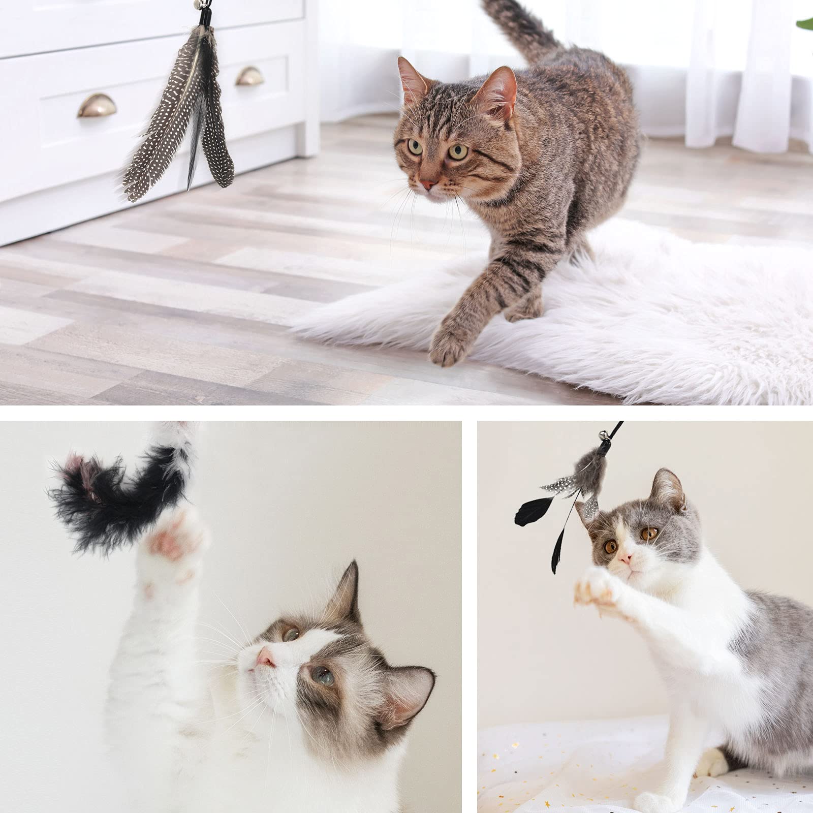 Songway Interactive Cat Feather Toys - 7 Pcs Cat Toy Set, Retractable Cat Wand Toy, Teaser Refills Worm Bird Feathers With Bell, Cat Teaser Toys For Indoor Cats Kitten Play Chase Exercise, Light Pink
