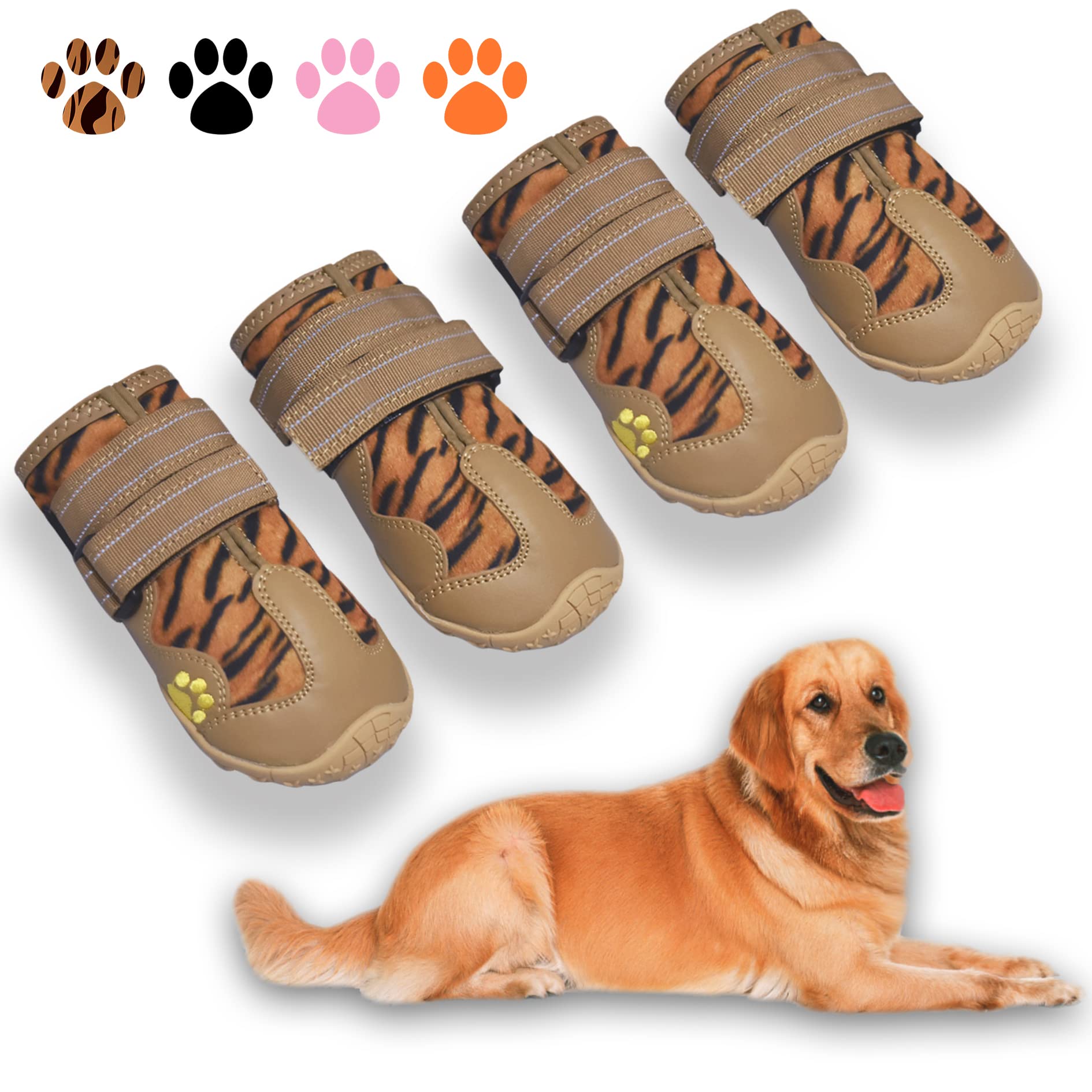 Xsy&G Dog Boots,Waterproof Dog Shoes,Dog Booties With Reflective Strips Rugged Anti-Slip Sole And Skid-Proof,Outdoor Dog Shoes For Medium Large Dogs 4Pcs Leopard-Size 6