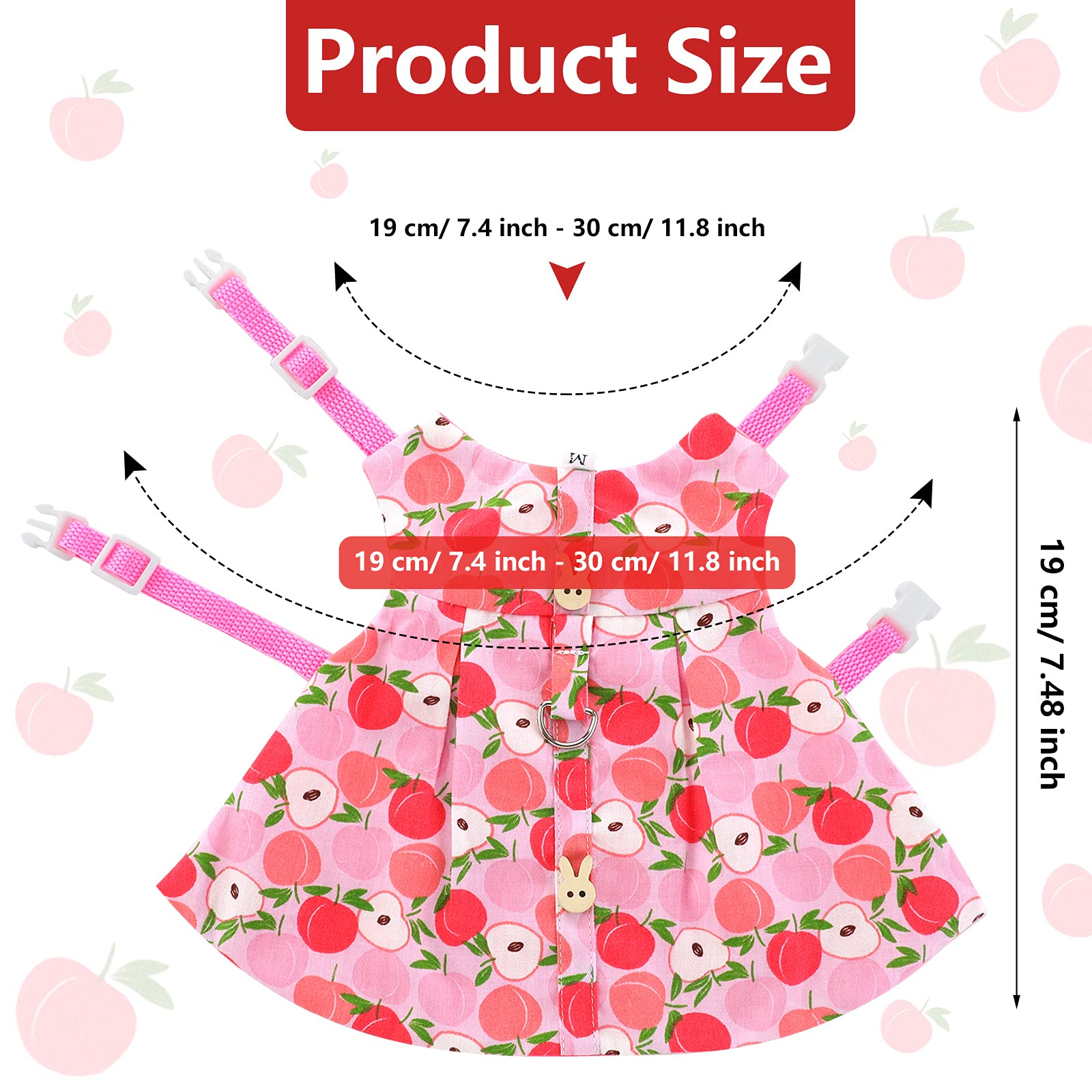 3 Piece Cute Rabbit Leash And Harness Set, Bunny Rabbit Dress Clothes Walking Harness Vest Escape Proof Pet Supply For Rabbit Hedgehog Ferret Guinea Pig (Peach, Pineapple, Strawberry)