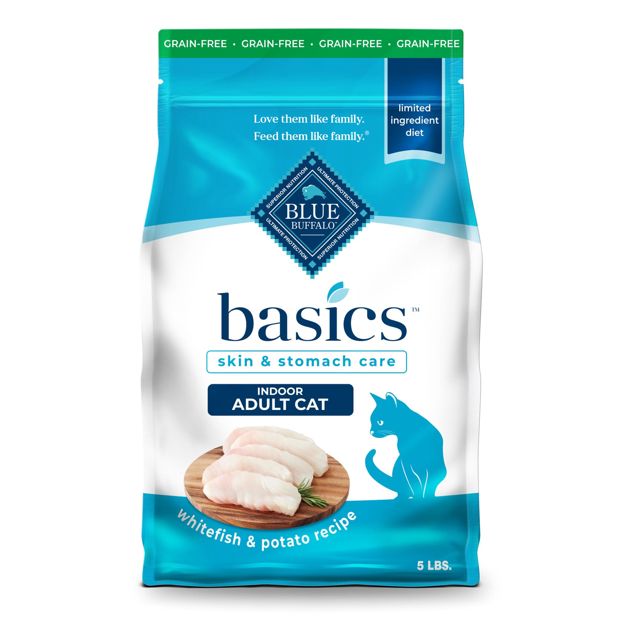 Blue Buffalo Basics Grain-Free Dry Cat Food, Skin & Stomach Care, Limited Ingredient Diet for Indoor Cats, Whitefish & Potato Re