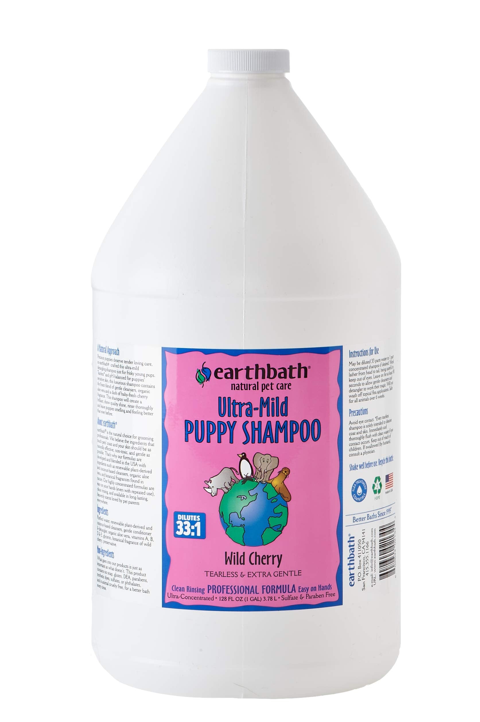 Earthbath, Ultra-Mild Wild Cherry Puppy Shampoo - Extra Gentle & Tearless Dog Shampoo, Made In Usa, Deodorizing Dog Wash, Cruelty Free Puppy Supplies, Shampoo For Smelly Dogs - 128 Oz (1 Pack)