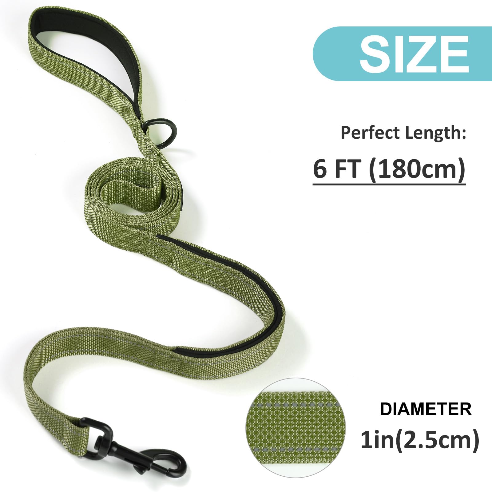 Easyease Dog Leash With 2 Comfortable Soft Padded Handles 6Ft Green Reflective Heavy Duty Pet Dog Walking Leashes Durable Dog Tr