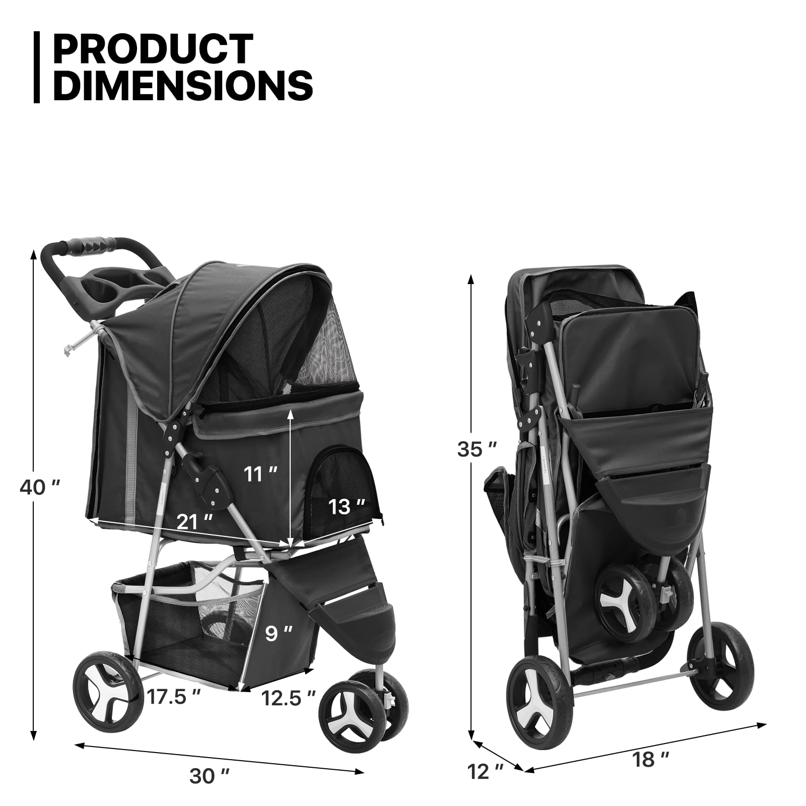 Monibloom Foldable Pet Stroller With Weather Cover, 3 Wheels Pet Strolling Cart For Small/Medium Dogs And Cats With Storage Basket And Cup Holder, Breathable And Visible Mesh For All-Season, Black