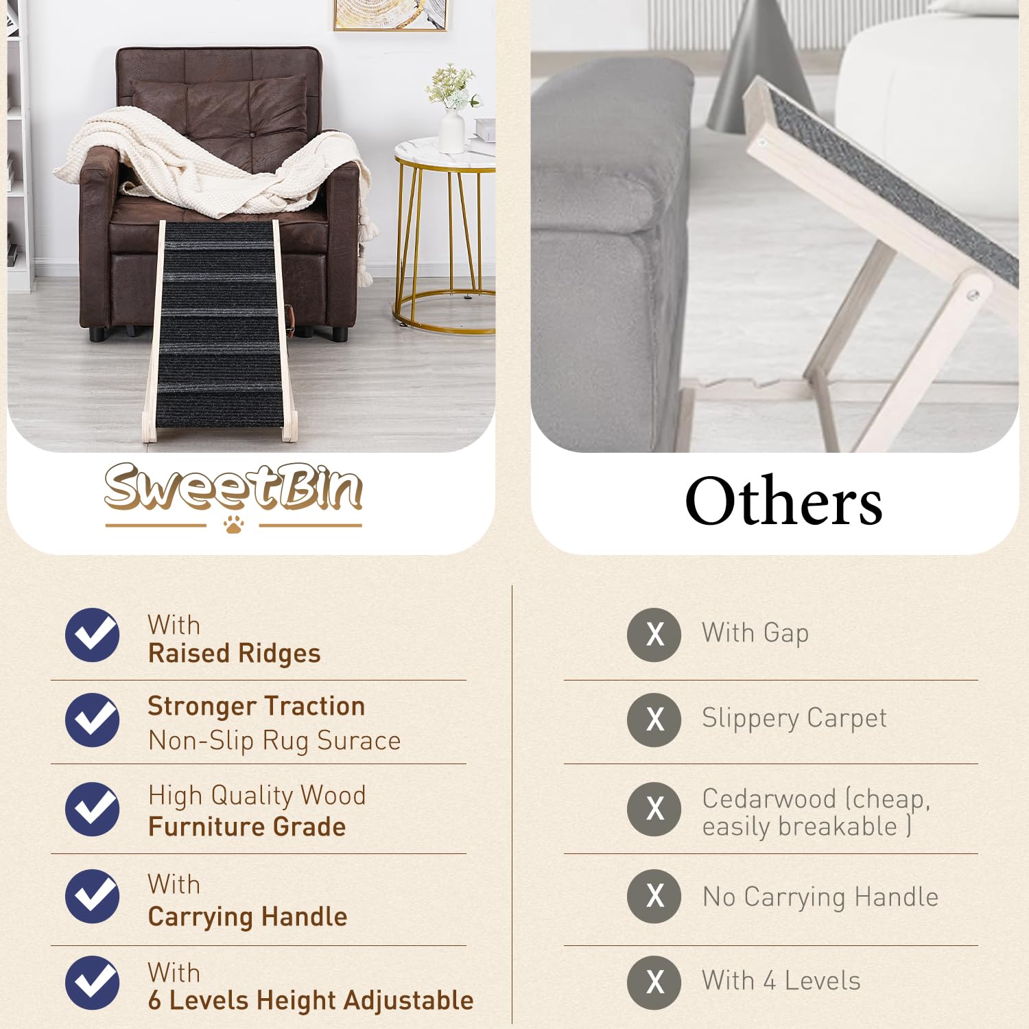 Sweetbin Wooden Adjustable Pet Ramp For All Dogs And Cats - Non Slip Carpet Surface And Foot Pads - 40' Long And Adjustable From 12” To 26” - Up To 200Lbs - Folding Dog Car Ramps For Suv, Bed, Couch