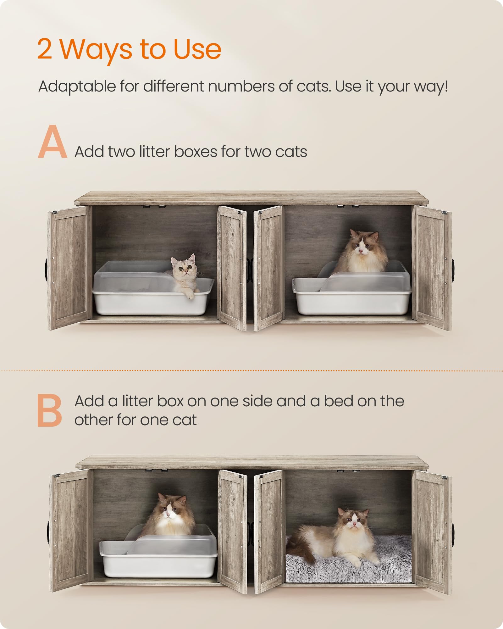 Feandrea Double Cat Litter Box Enclosure, Modern Cat Litter Box Furniture Hidden For 2 Cats, Front Entry, Cat House, Side End Ta