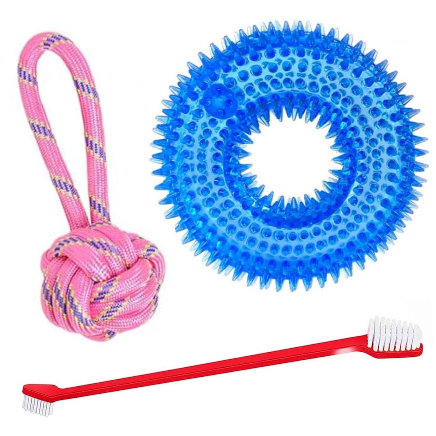 Youhavedeal 3In1 Dog Chew Toy & Dental Care Combo Set  HeavyDuty Rope Ball Tug Toy, Spiked Squeaky Rubber Ring For Teething 