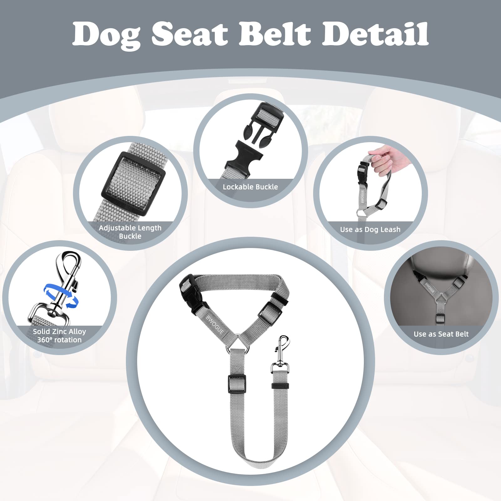 Bwogue Pet Dog Cat Seat Belts, Car Headrest Restraint Adjustable Safety Leads Vehicle Seatbelt Harness (1 Pack)