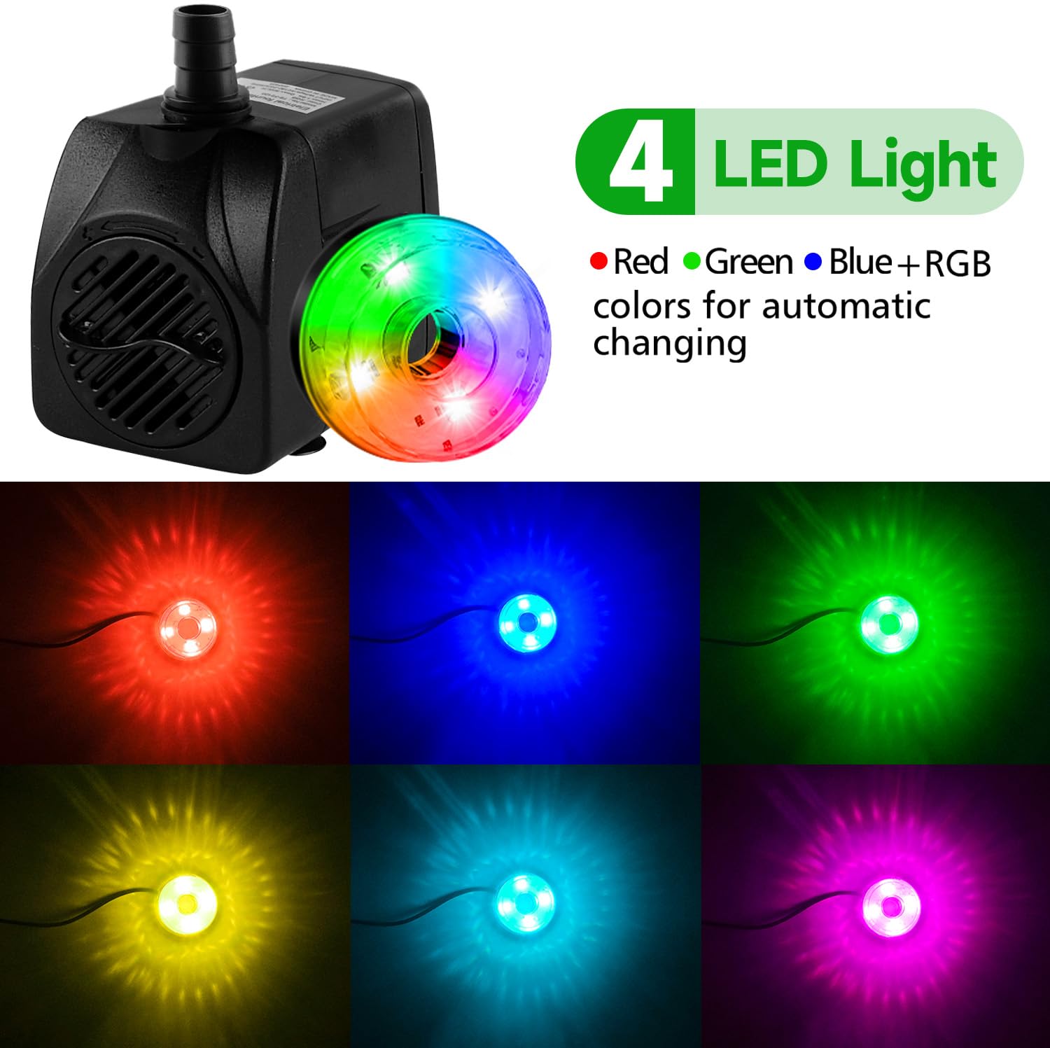 CREPOW 15W 800L/H Submersible Pond Fountain Pump with LED Lights, Ultra Quiet Water Pump, Pond Fountain Pumps for Small Pond, Ko
