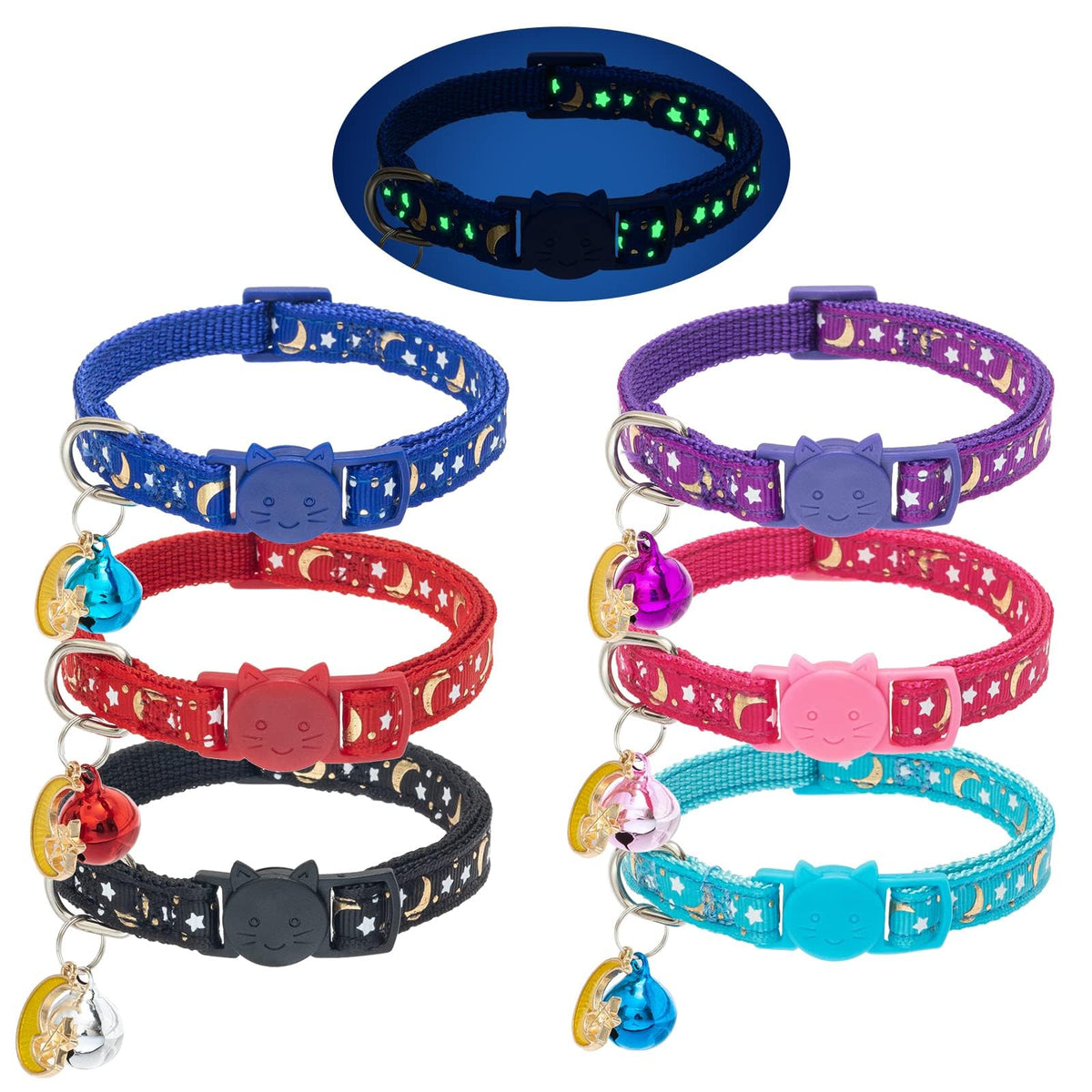 Kooltail Cat Collar Breakaway With Bells - 6 Pack Glow In The Dark - Stars & Moon Charm Pendent Pet Reflective Collars Ideal For Kitten Cats Puppy