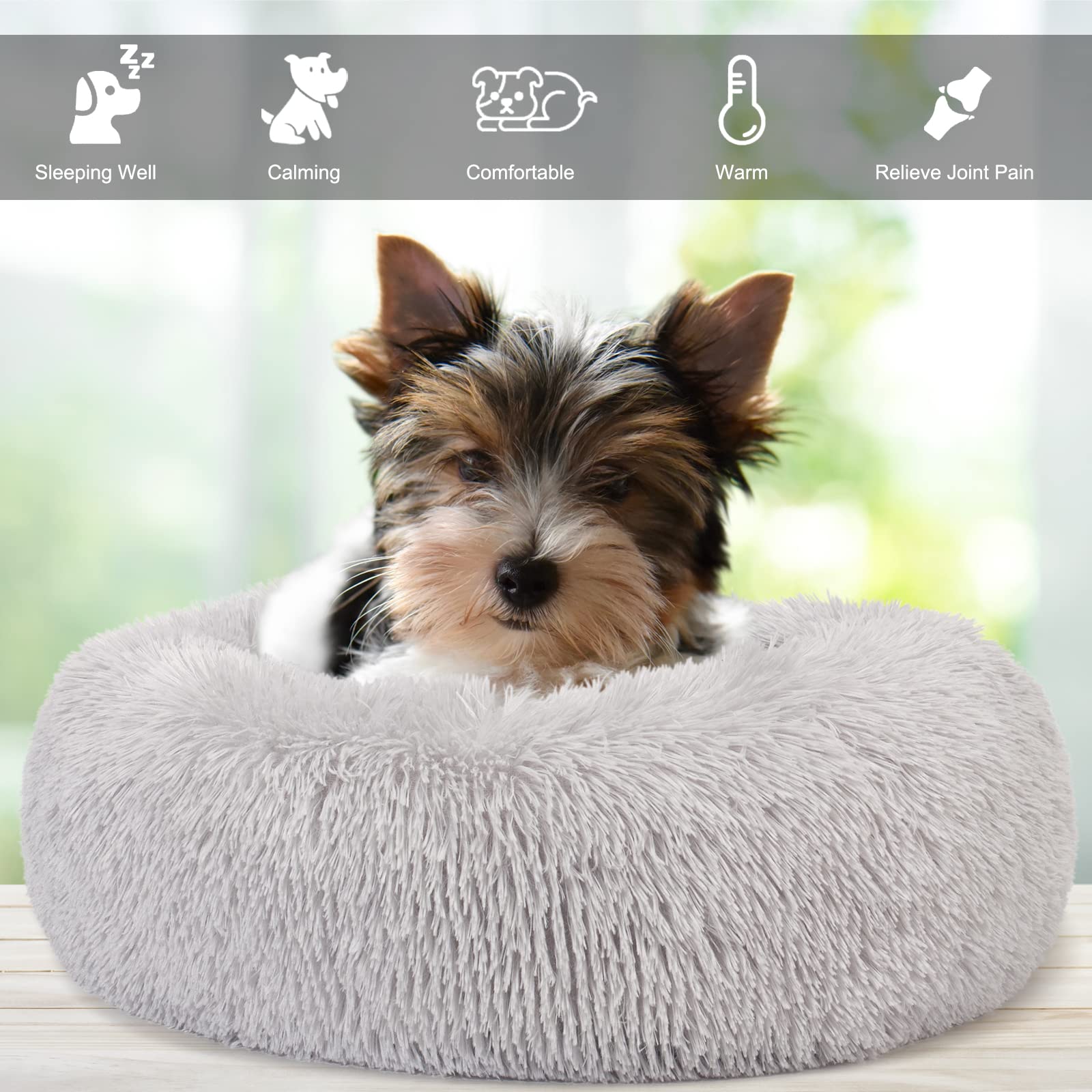 Extra Small Dog Bed Cute Grey Dog Bed Washable 19 inches Donut Fluffy Small Pet Beds,Calming Anti Anxiety Round Fits up to 10 lb