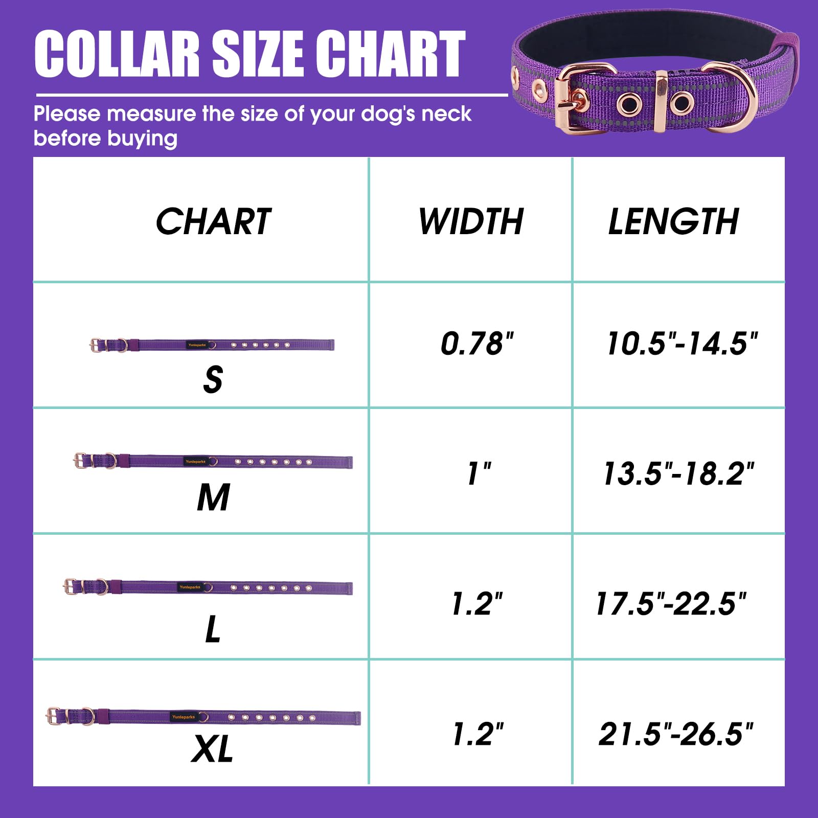 Yunleparks Neoprene Padded Collar, Nylon Dog Collar - Heavy Duty with Metal Buckle, Adjustable Reflective (Large, Purple)