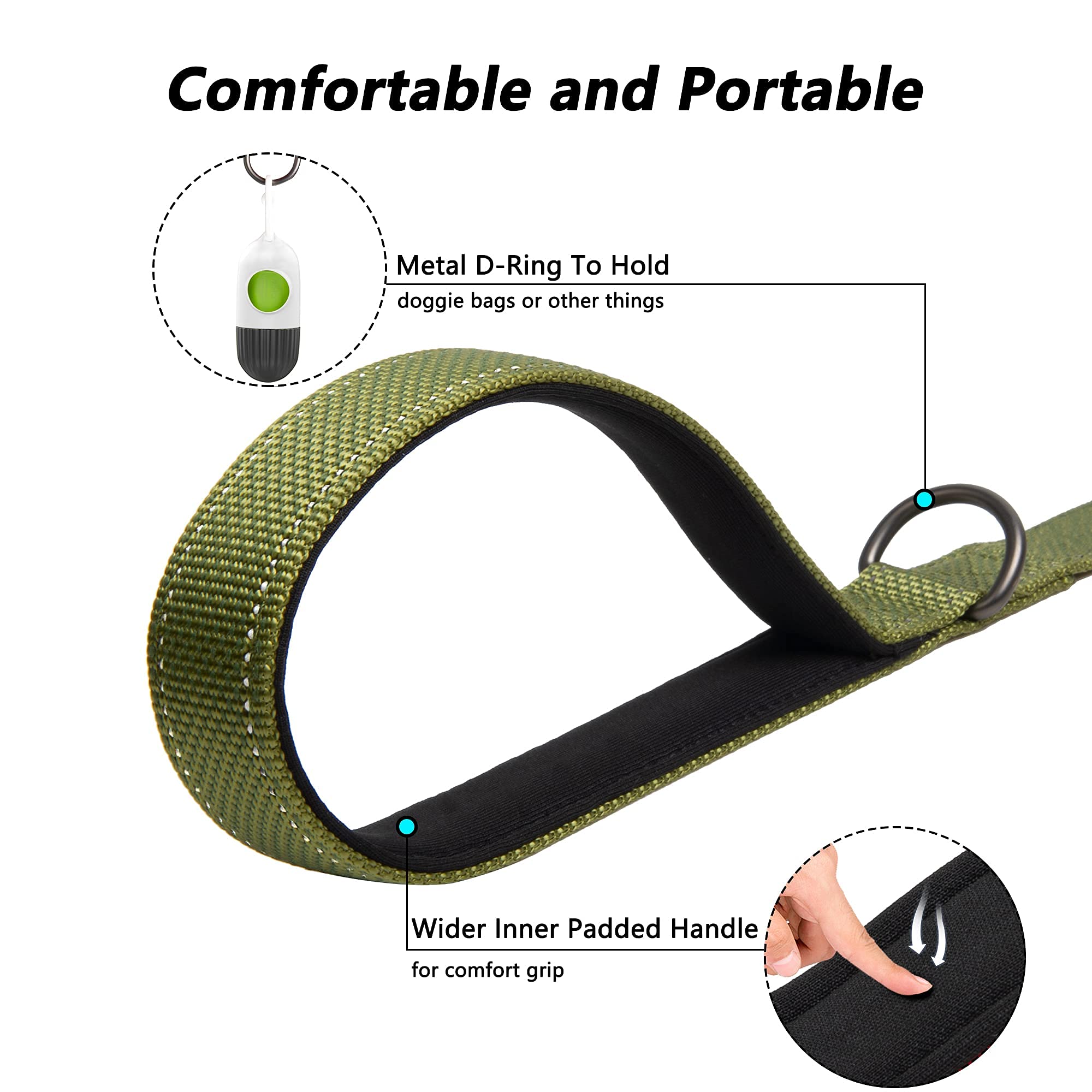 Petifine 6Ft Heavy Duty Dog Leash With Soft Padded Double Handle, Durable Strong Clasp Dog Leashes, Reflective Nylon Walking Lead For Large,Medium,Small Breed Dogs, Green