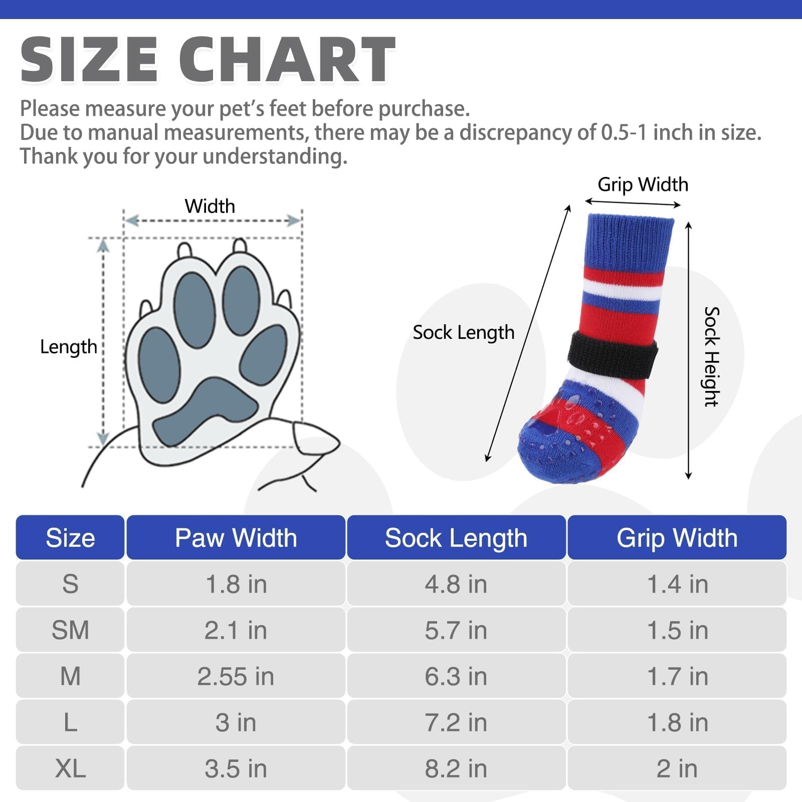 KOOLTAIL Anti Slip Dog Socks for Clod Pavement to Prevent Licking Paws with Grippers, 3 Pairs Paw Protector, Double Sides Stripe