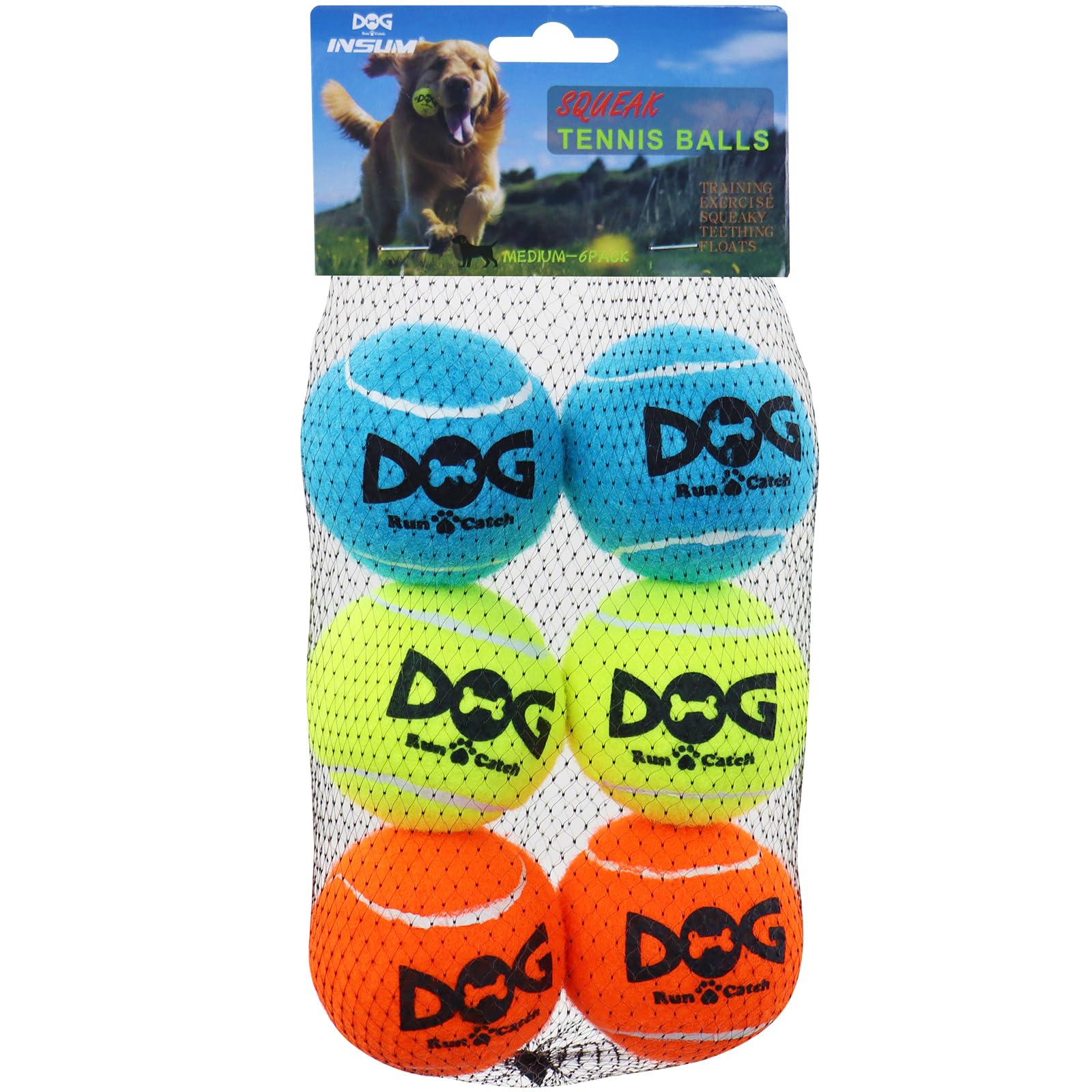 Insum Squeaky Dog Balls - Squeaky Tennis Balls For Dogs, Multicolor | Medium - 2.5'', 6Pack