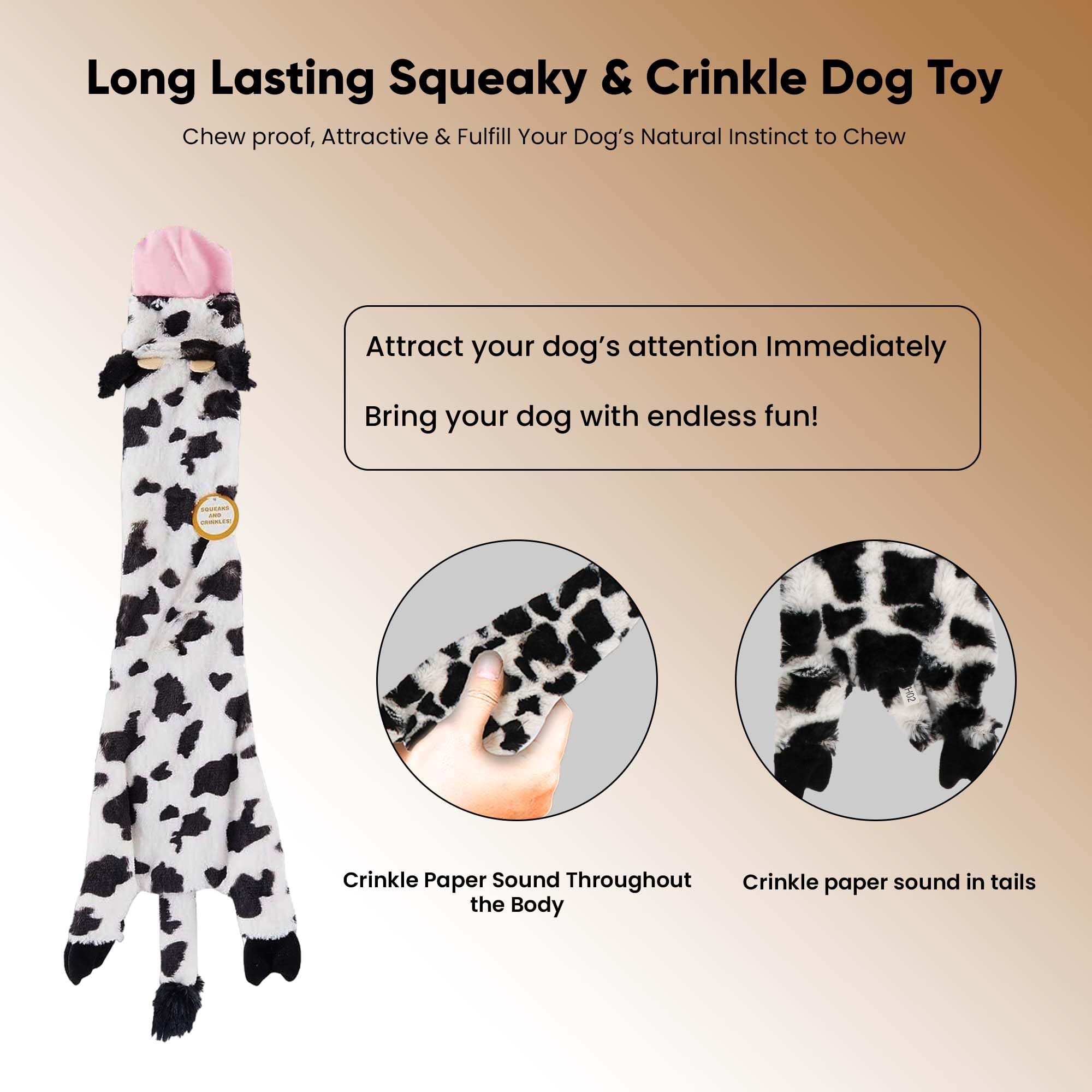 Spot Skinneeez Crinklers | Stuffless Dog Toys With Squeaker For Small Dogs | Crinkle Toy For Small Puppies | 14' | Cow Design | By Ethical Pet