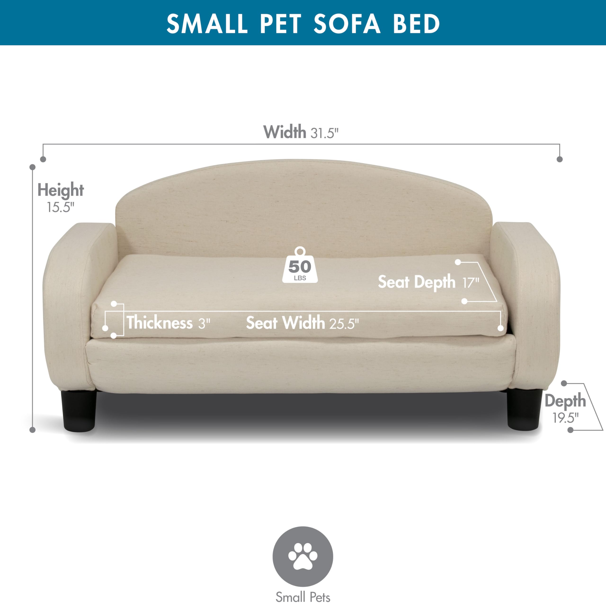 Paws & Purrs Modern Pet Sofa - 31.5" Wide Low Back Bed, Removable Cover, Espresso/Oatmeal, Model 61012, Plywood & Foam Materials