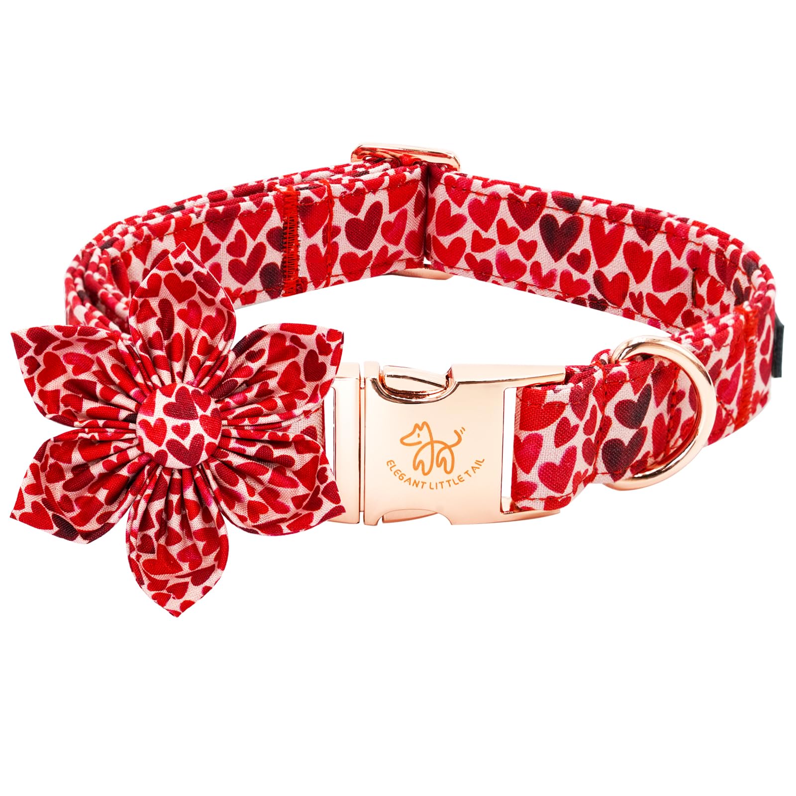 Elegant little tail Valentine's Dog Collar with Flower, Cute Heart Dog Collar for Medium Dogs Female Adjustable Cotton Pet Colla