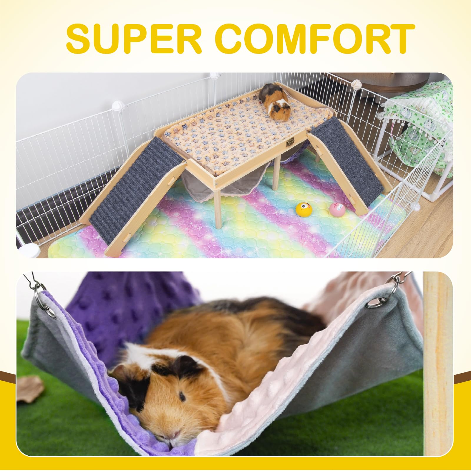 Besnew Enlarged Guinea Pig Hammock With Platform And Stairs,Wooden Foldable Piggies Hideout For Guinea Pigs Bunny Ferret Hamster