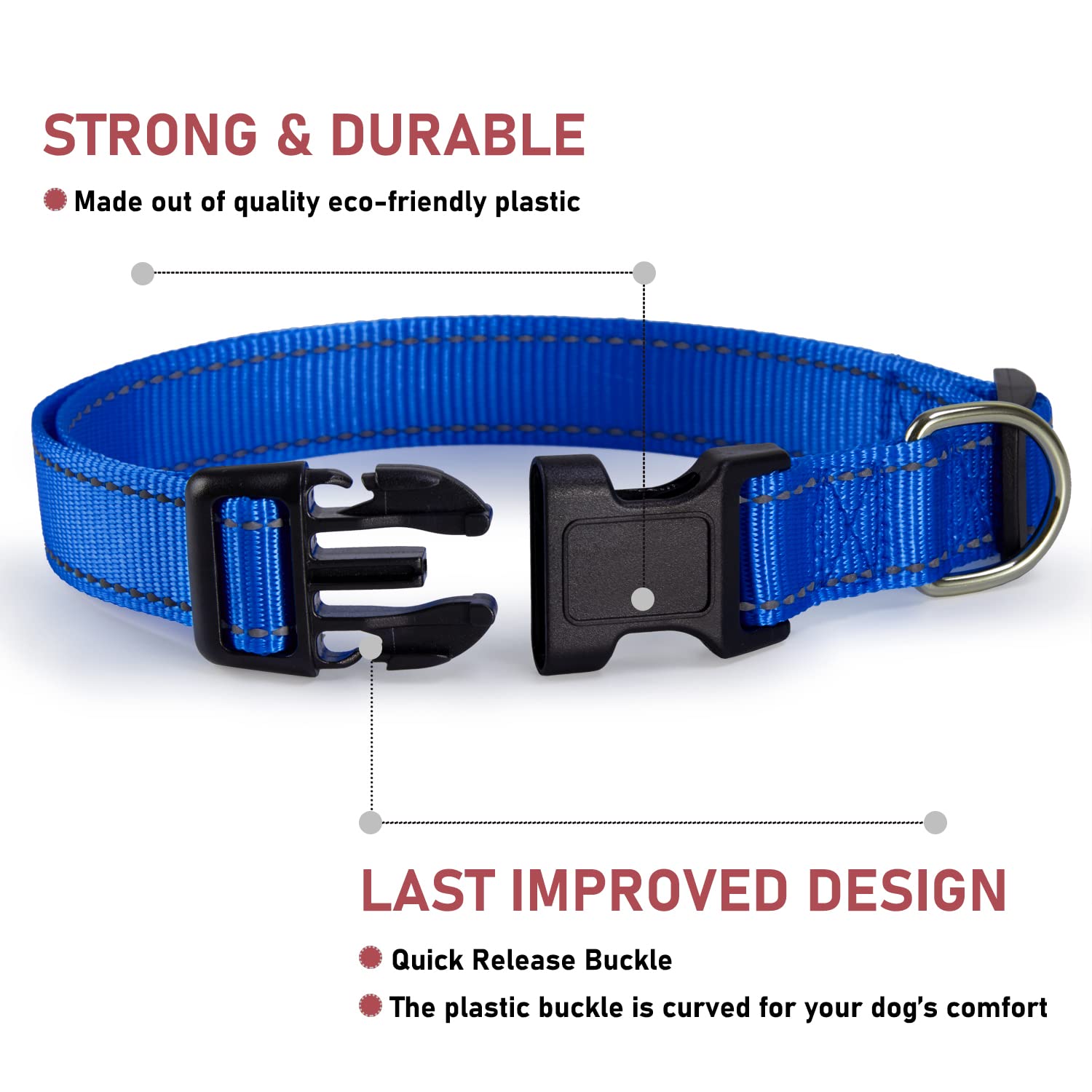 Reflective Dog Collar With Buckle Adjustable Safety Nylon Collars For Small Medium Large Dogs, Navy Blue S