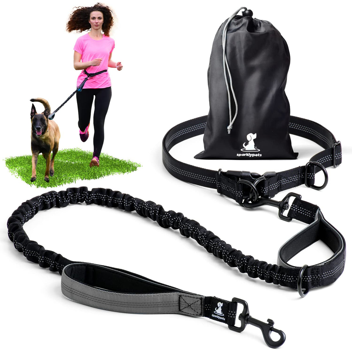 Sparklypets Hands Free Dog Leash For Medium And Large Dogs - Professional Harness With Reflective Stitches For Training, Walking, Jogging And Running Your Pet (Gray, For 1 Dog)