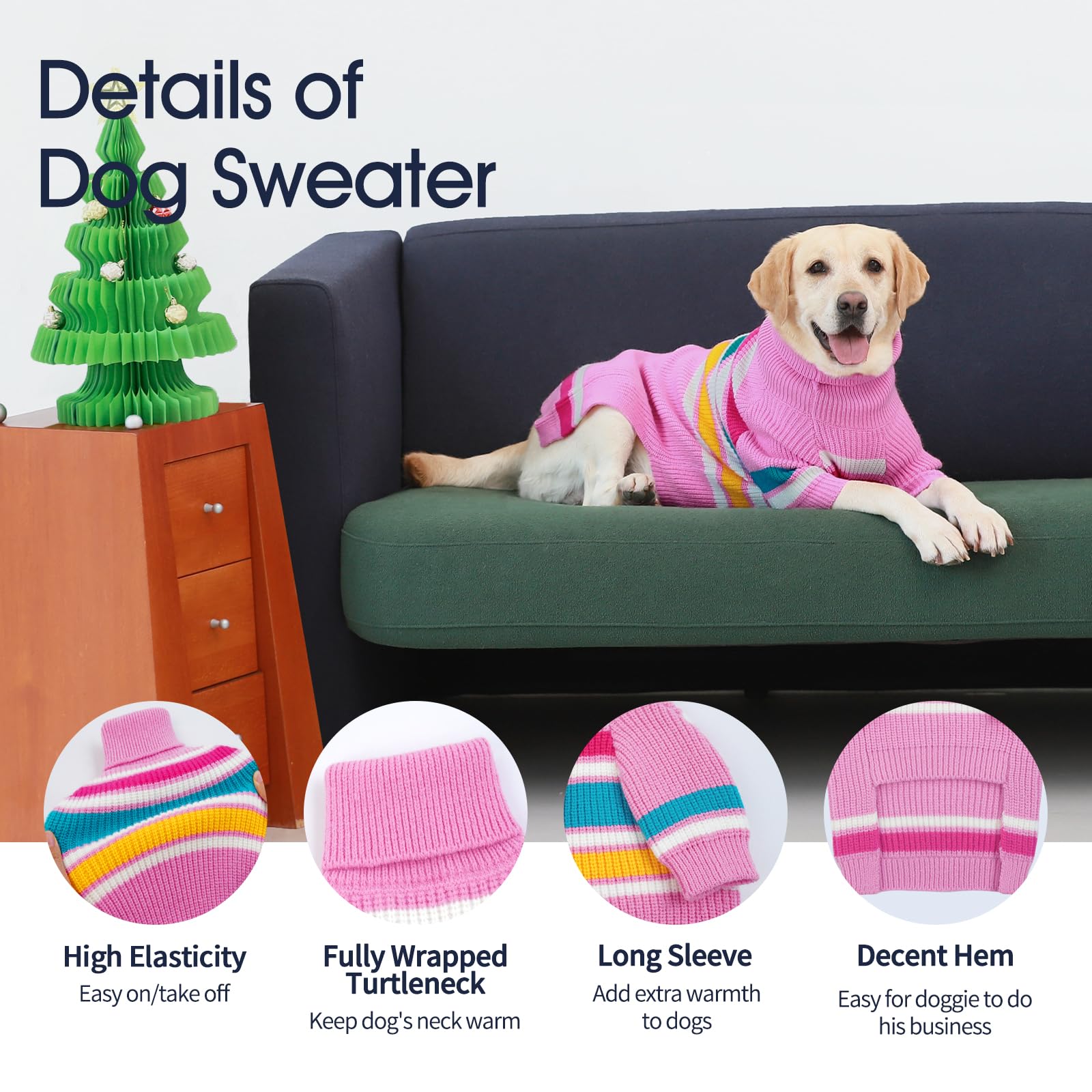 Iecoii Large Dog Sweaters - Warm Striped Christmas Sweater For Male & Female Dogs, Perfect For French Bulldog & Boston Terrier