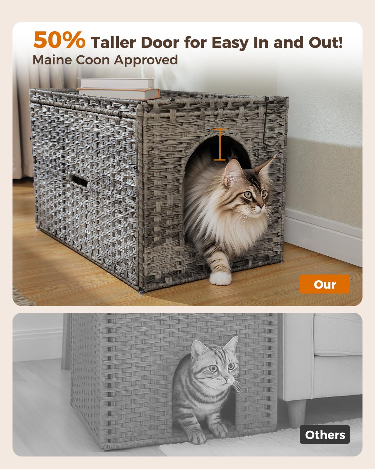 MUTTROS Rattan Cat Litter Box Enclosure - Hidden Litter Box Furniture by Handwoven Wicker with Taller Doorway & Raised Edge Mat-