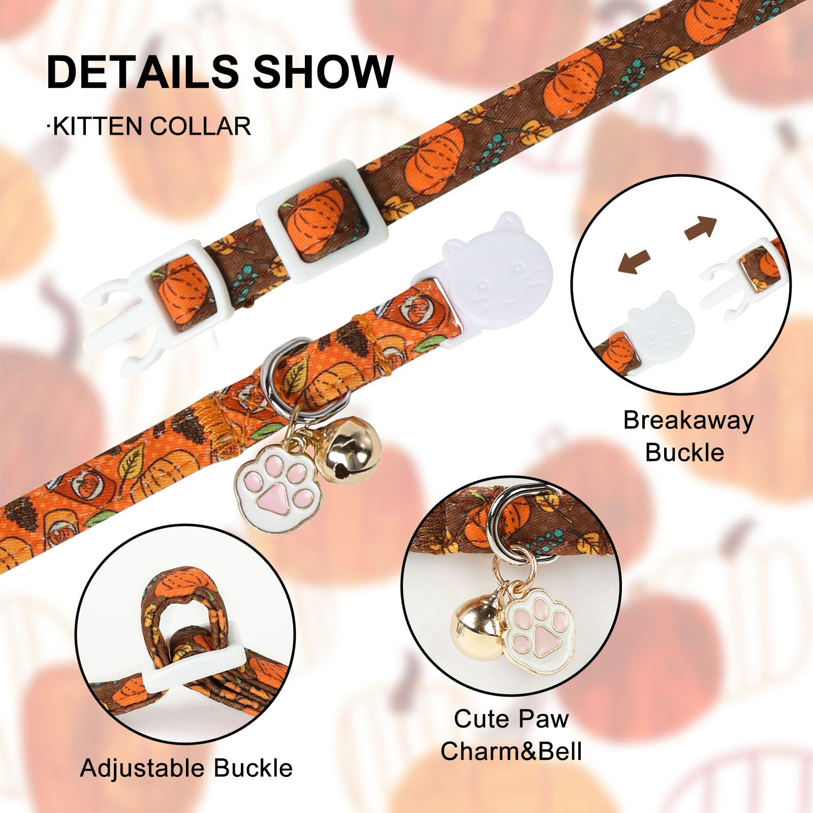 Unique Style Paws Pumpkin Kitten Collar,2 Pack Halloween Cat Collar With Bell & Cute Paw Pendant,Adjustable Orange Pumpkin Kitte