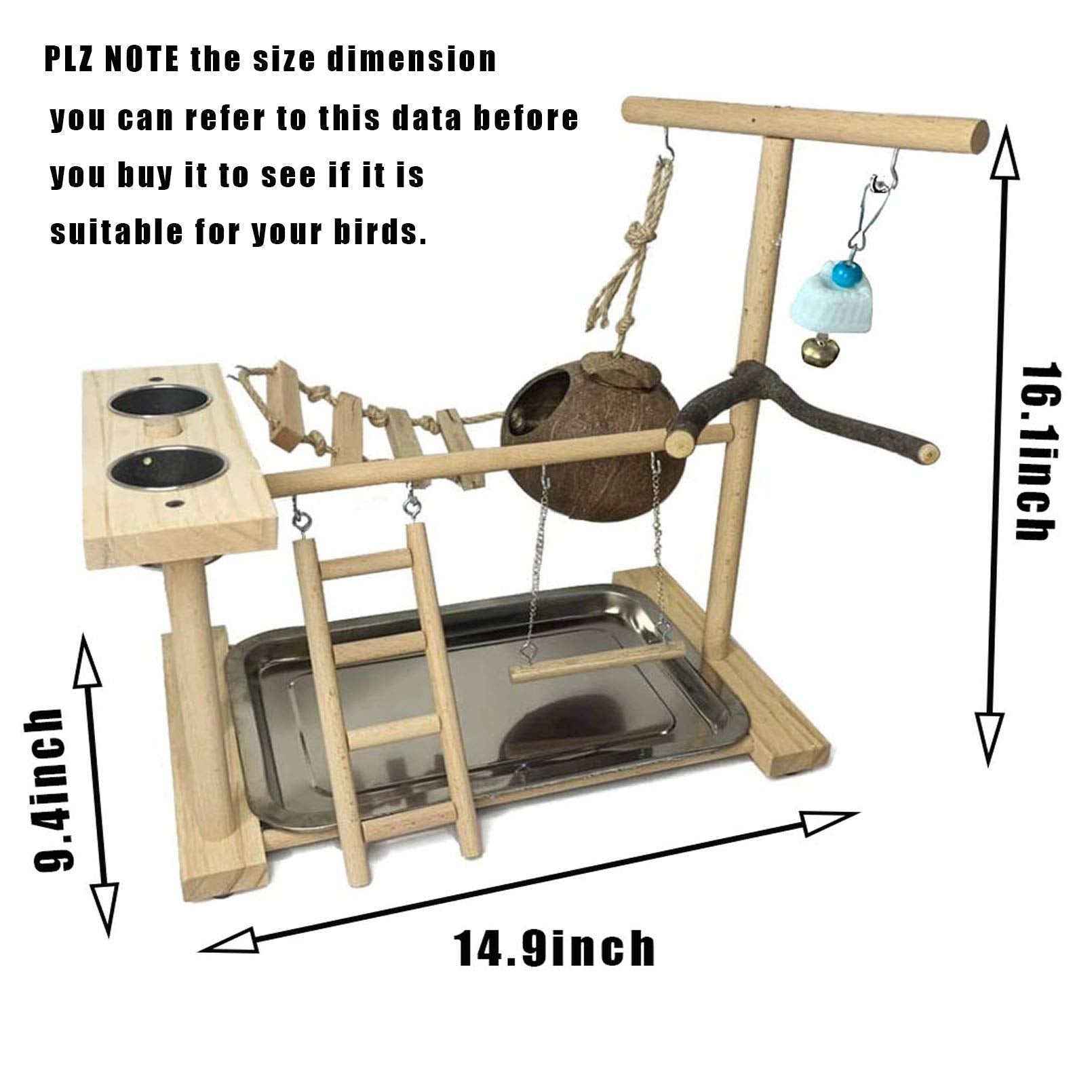 Parakeet Playground Bird Play Stand Natural Wood Perch Gym Parrots Nest Climb Swing Ladders With Feeder Cups Lovebirds Cage Accessories Toy Exercise Activity For Conure Cockatiel Lovebirds