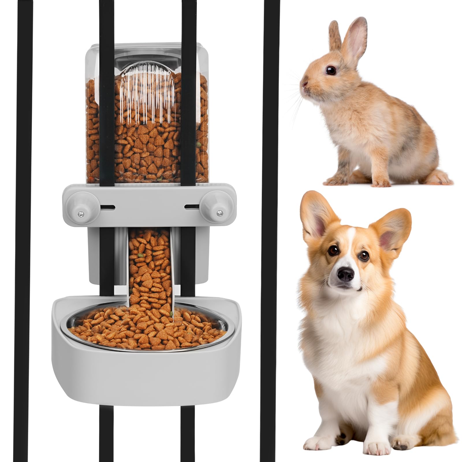 Kenond 55oz Hanging Automatic Rabbit Feeder, 1.6L Large Capacity Gravity Food Dispenser with Stainless Steel Bowl,for Dog, Cat, 