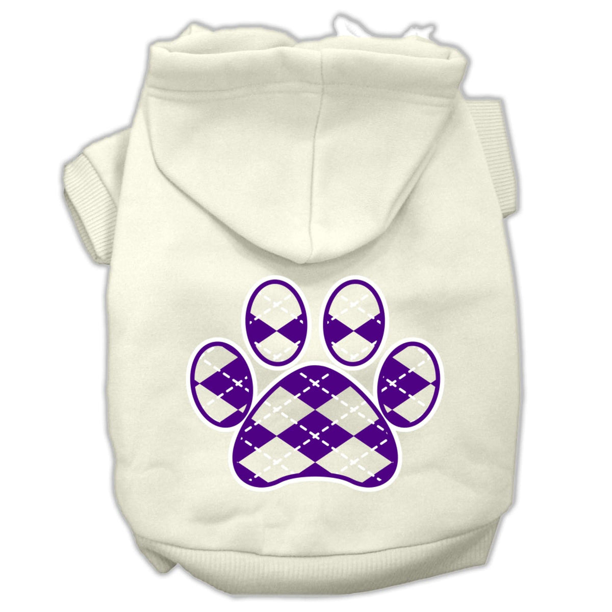 Pet Dog & Cat Hoodie Screen Printed, 'Purple Argyle Paw' Cream 3Xl (25-35 Lbs.)