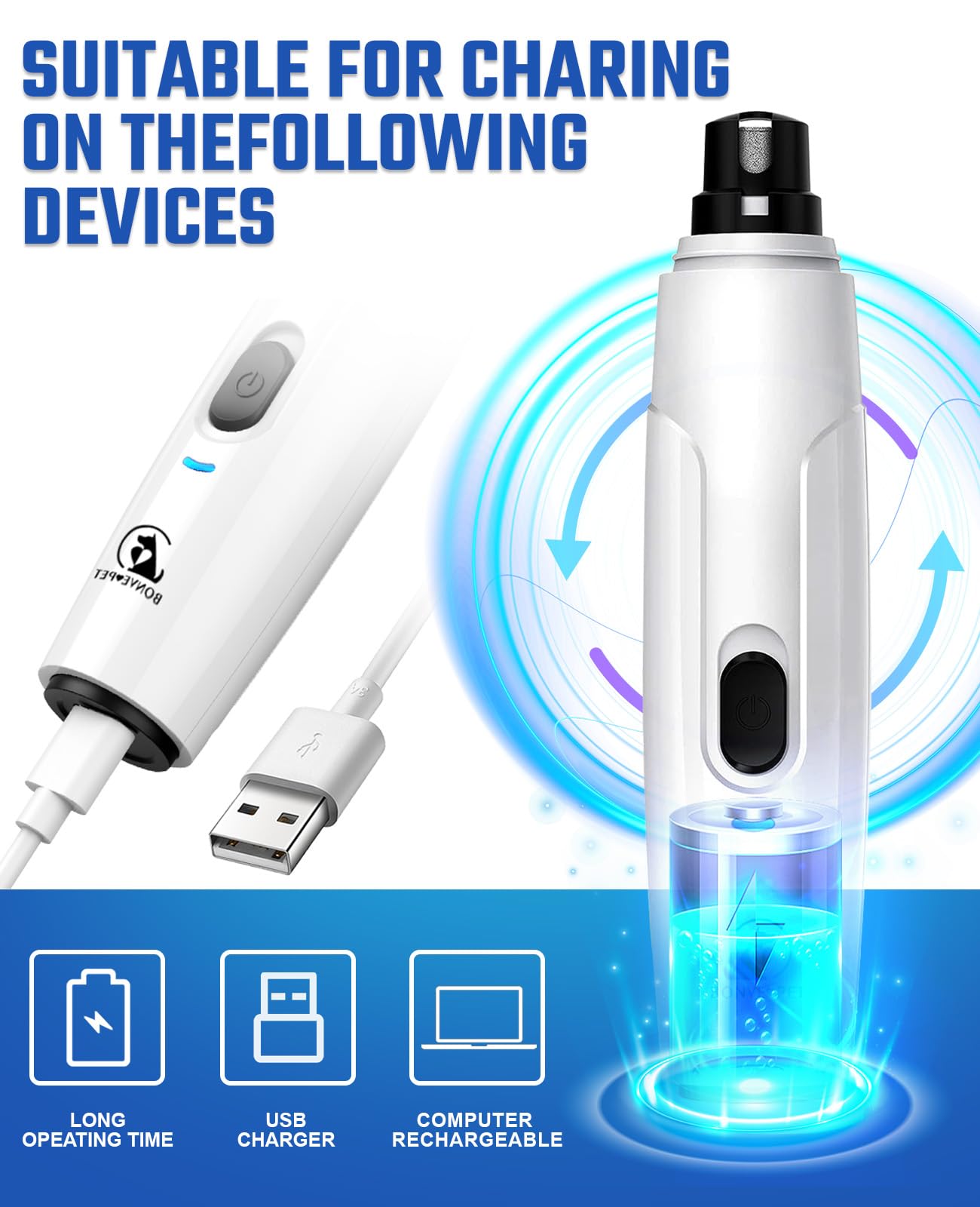 Bonve Pet Dog Nail Grinder, Upgraded Cat Dog Nail Trimmers Super Quiet Dog Nail Clipper With 2 Grinding Wheels, Usb Rechargeable Pet Nail Clippers For Small Large Cats Dogs Breed Nails