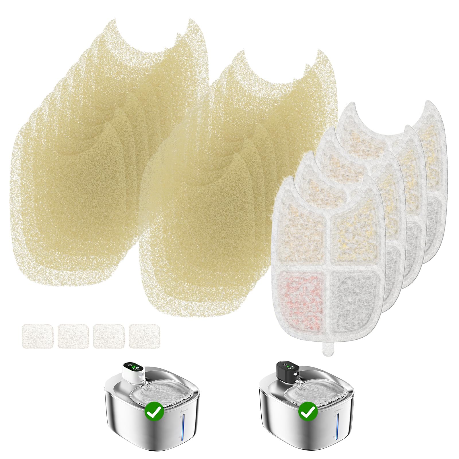 APETDOLA Wireless Cat Water Fountain Filter, 4 Pack Filters with 16 Pre-Filter Sponge for Cat Fountain Stainless Steel 135 fl oz