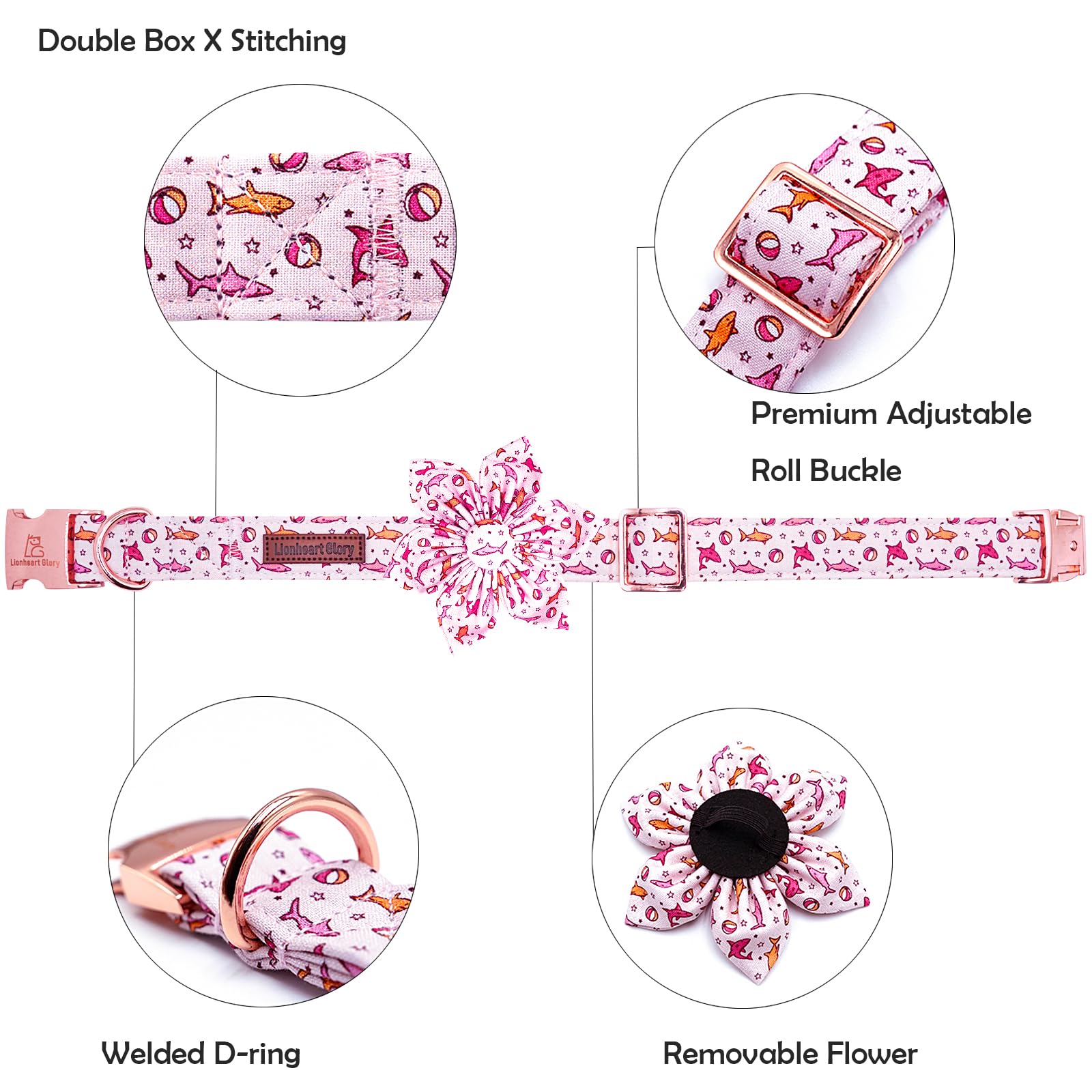 Lionheart Glory Shark Print Pink Collar - Adjustable Soft Dog Collar for Medium Dogs
