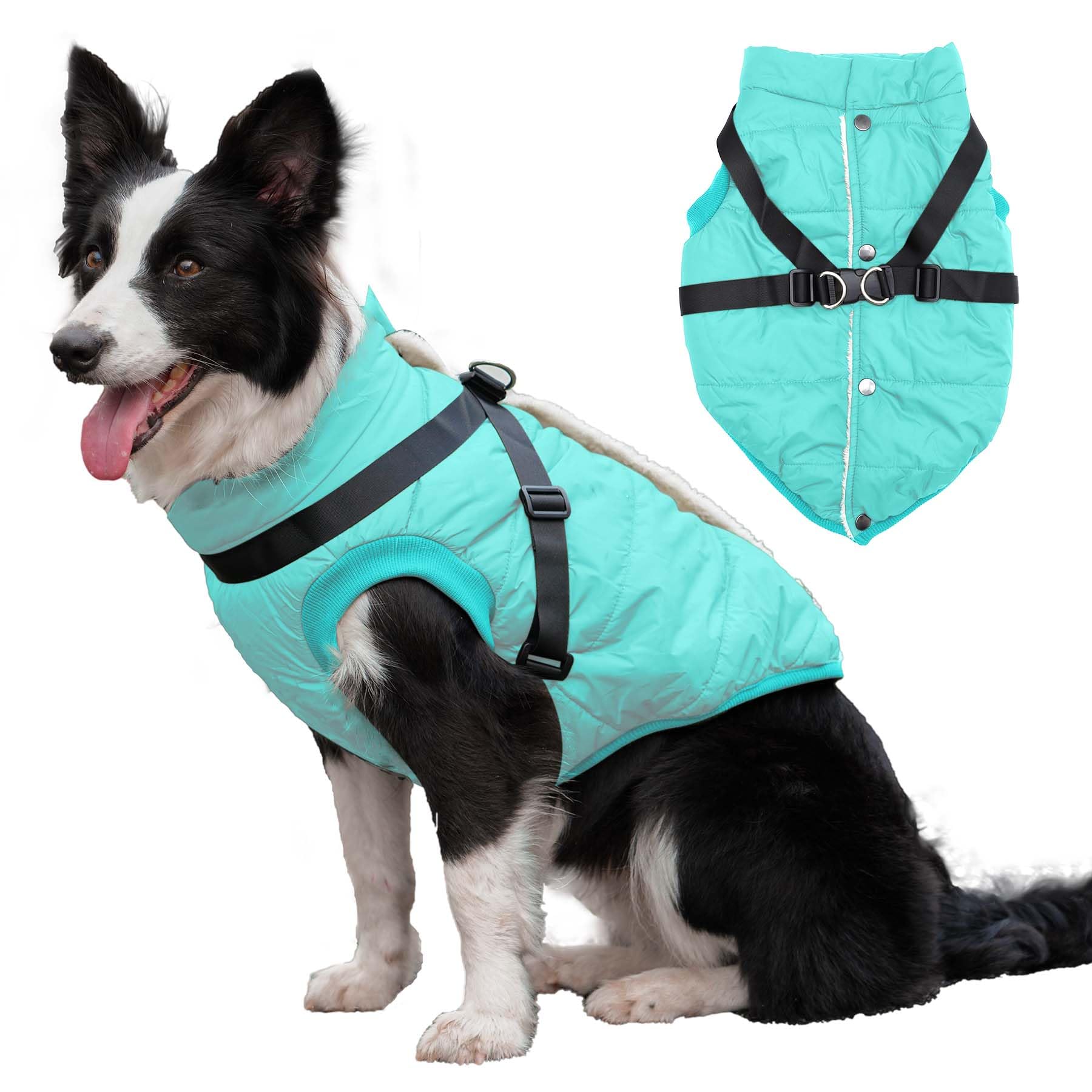 Joydaog Dog Jacket With Harness,Fleece Lined Warm Puppy Coat For Winter,Soft Windproof Large Dog Vest,Bluegreen Xxl