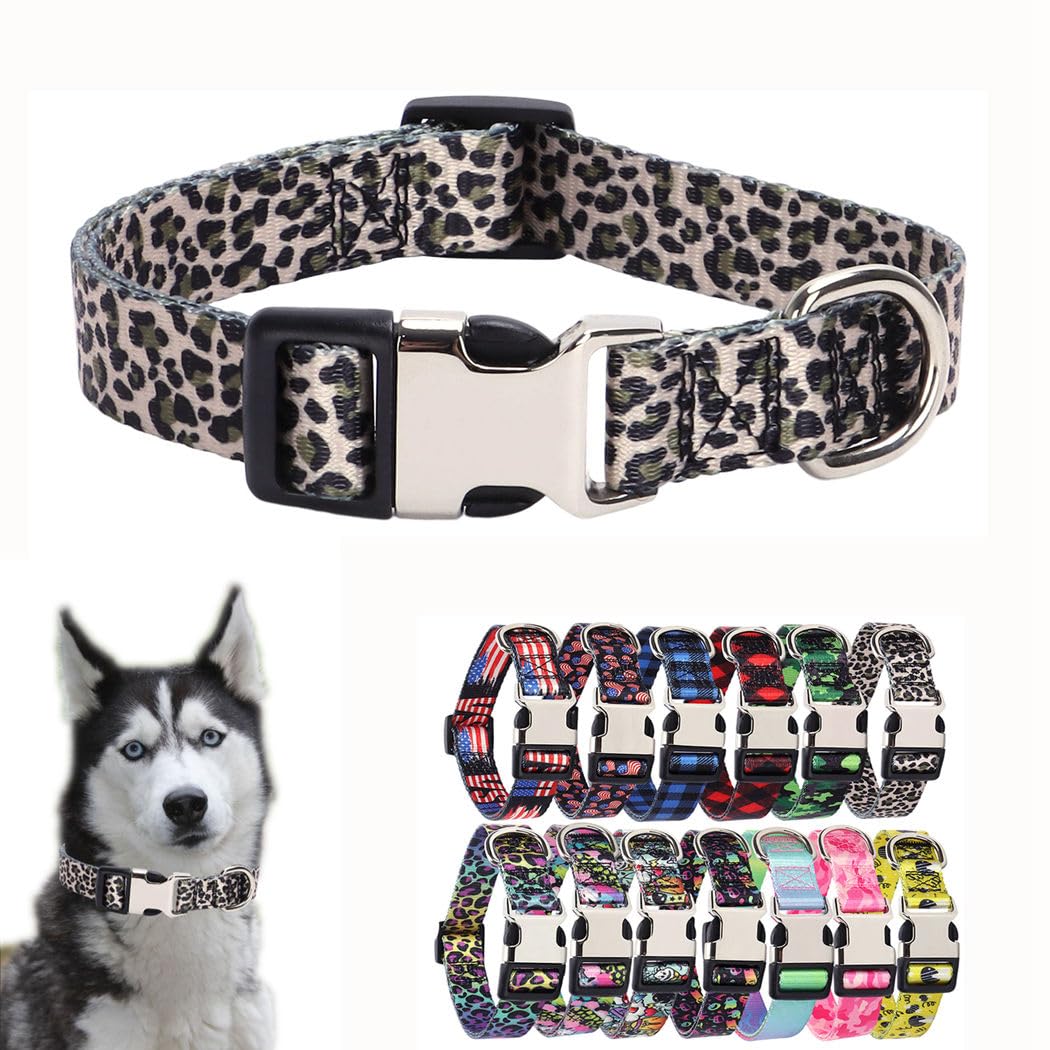 Brown Leopard Print Dog Collars For Medium Dogs, Pretty Pattern Print Cheetah Dog Collar Metal Buckle Durable Soft Girl Puppy Co