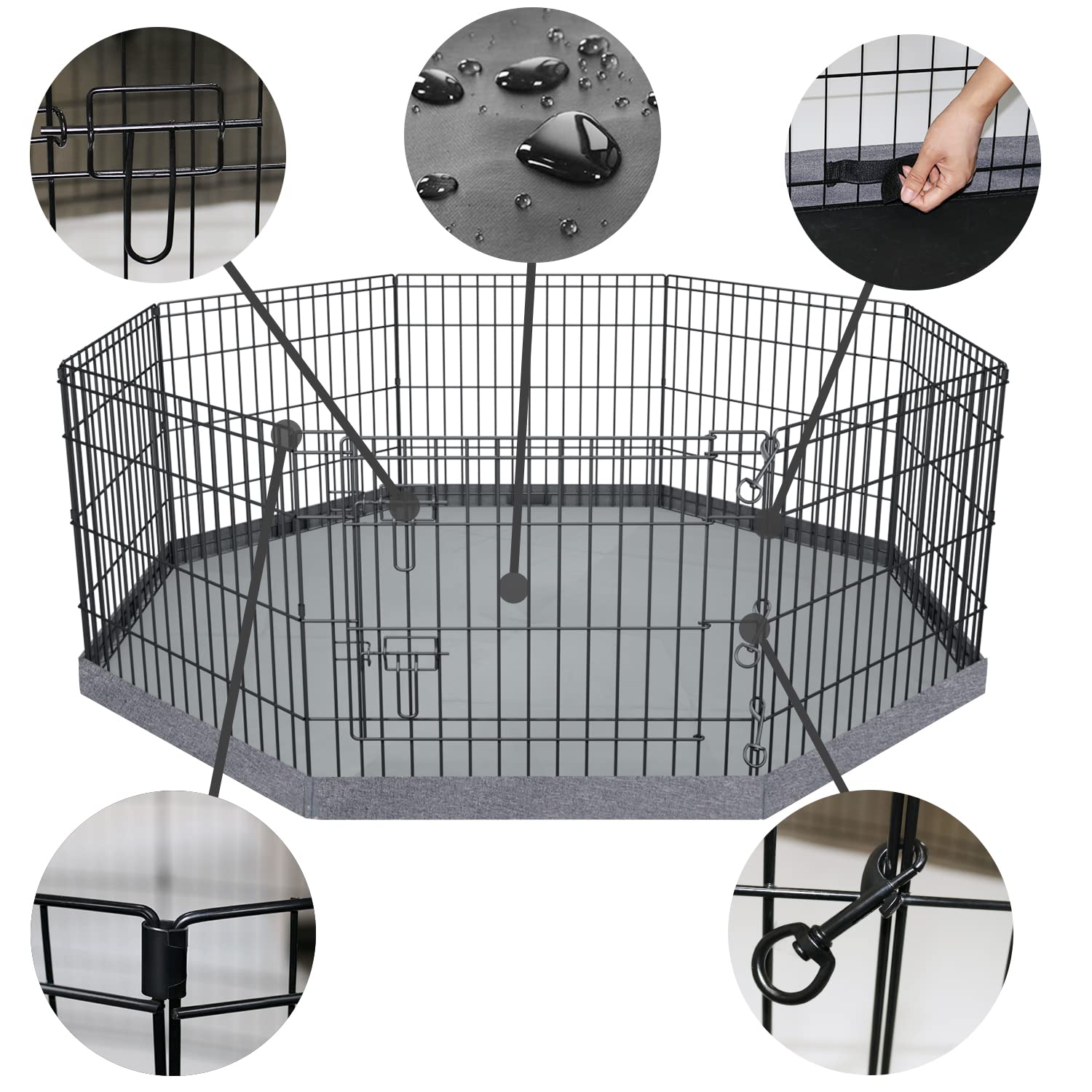 PETIME Foldable Metal Dog Exercise Pen, 8 Panels, 24" W x 36" H, Gray, Indoor/Outdoor Playpen with Bottom Pad