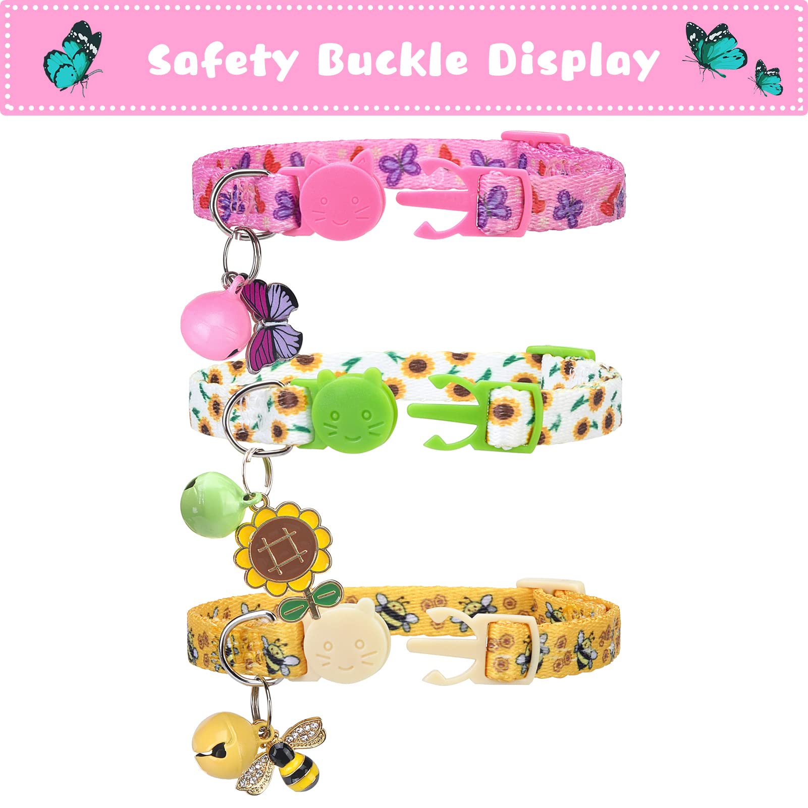 Vkpetfr Breakaway Cat Collars With Bell & Cute Pendants - 3 Pack Adjustable Safety Kitten Collars - Summer Decoration For Girl B